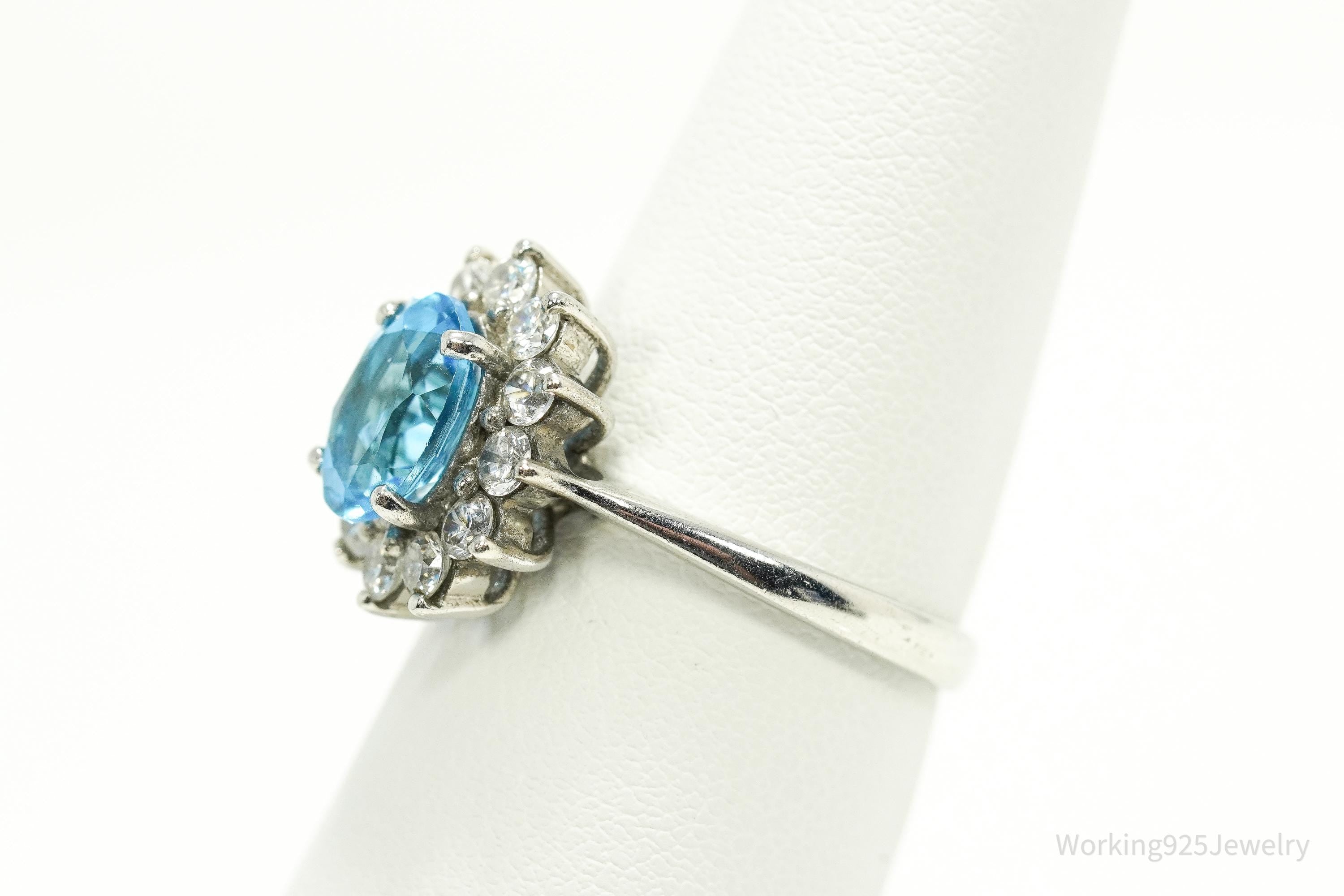 Vintage Blue Topaz & Cubic Zirconia Sterling Silver Ring - Size 7.75