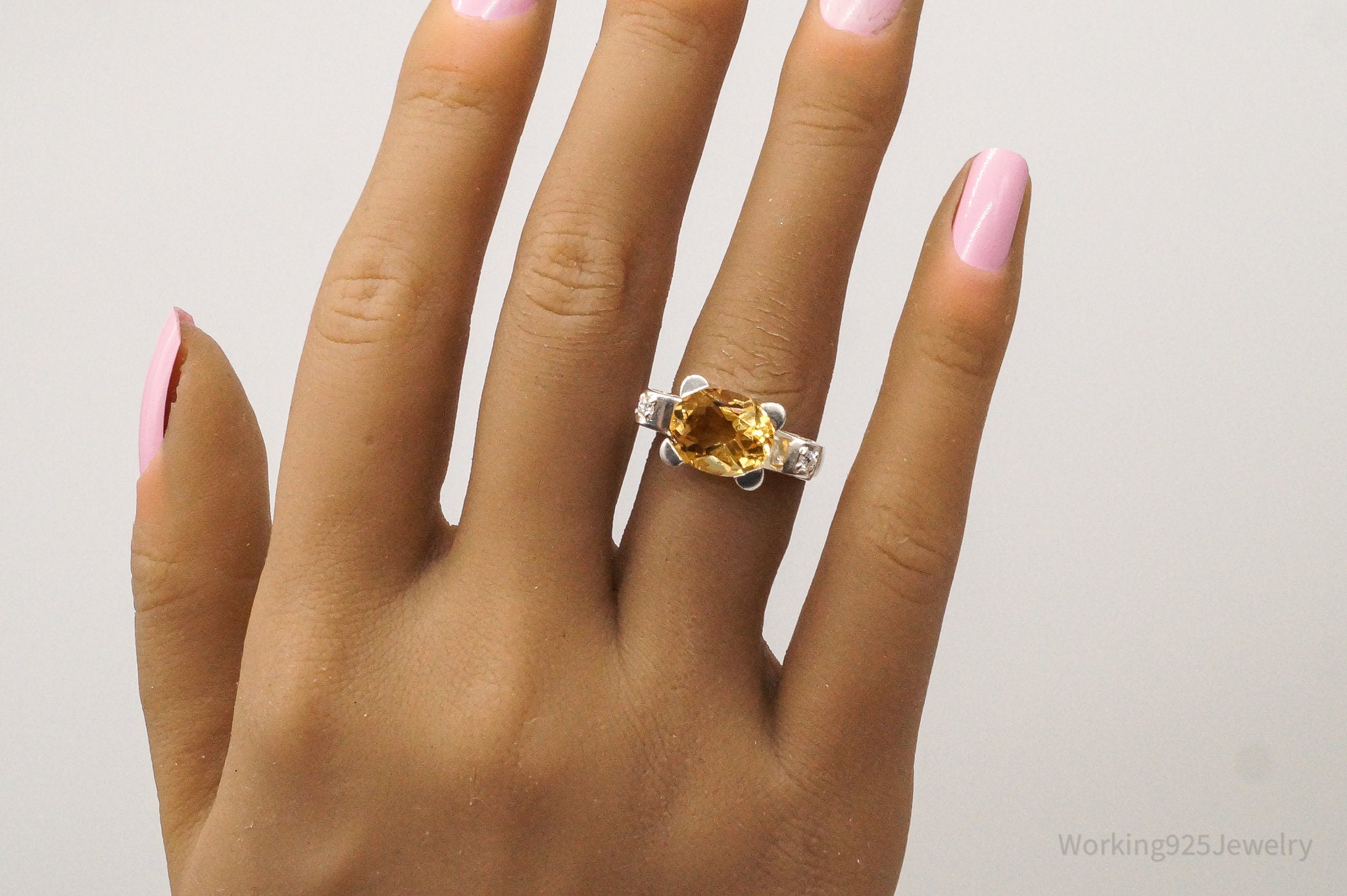 Vintage Large Citrine Cubic Zirconia Sterling Silver Ring - Size 6