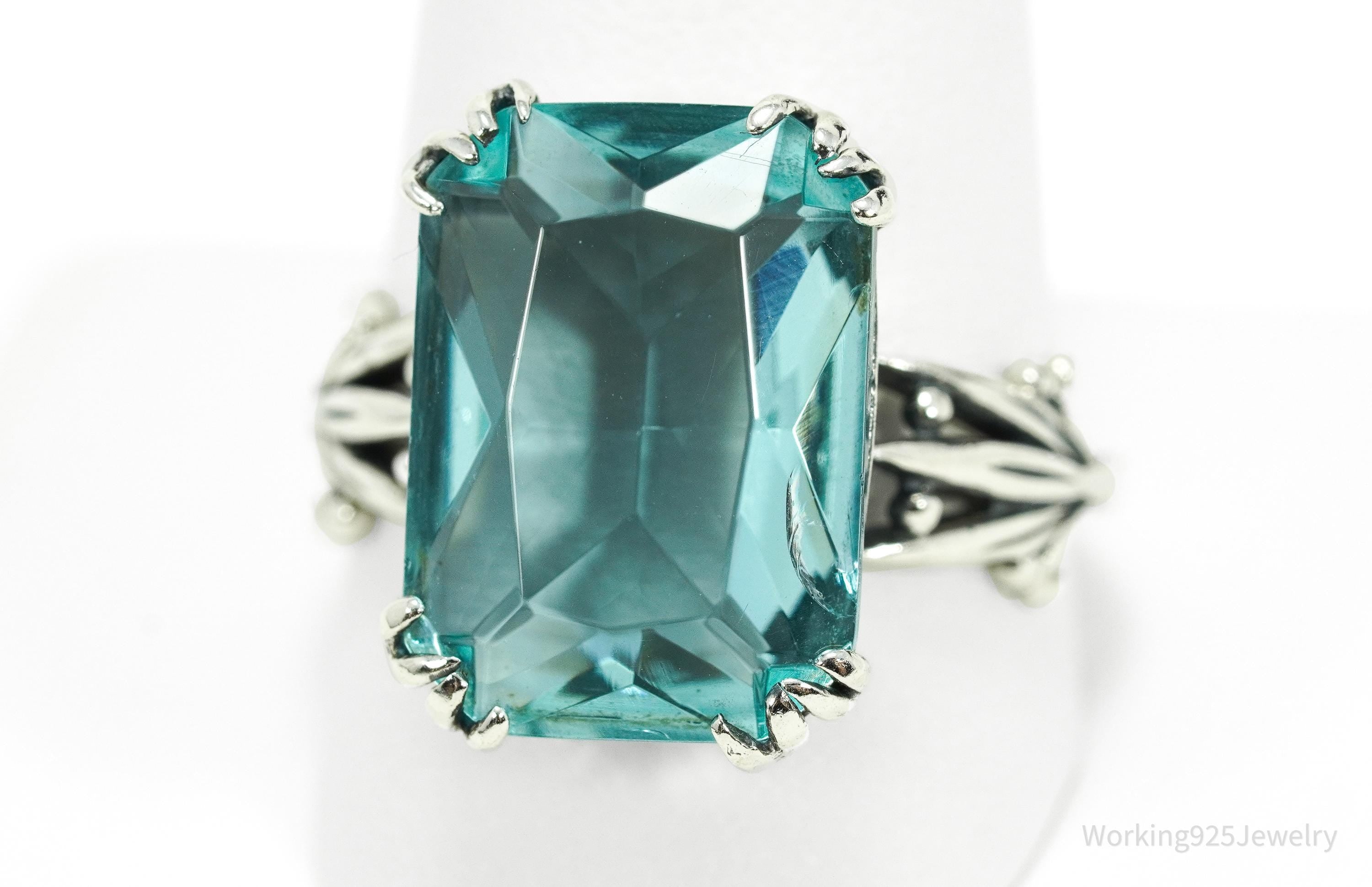 Vintage Faux Glass Blue Topaz Sterling Silver Plated Ring - Size 11.5