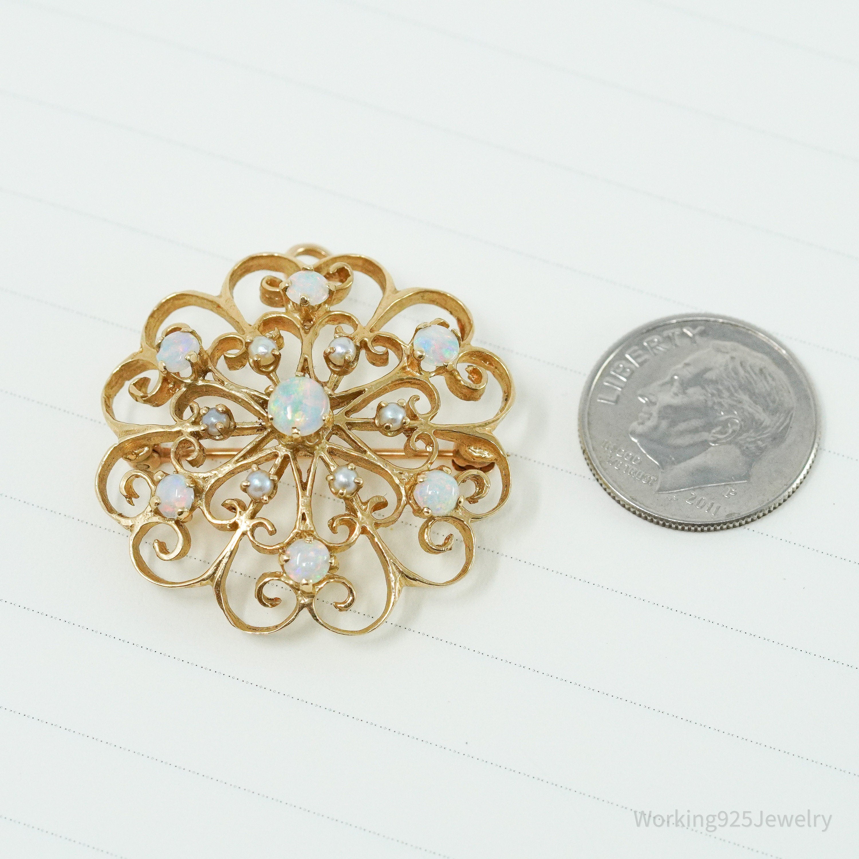 Antique 14K Yellow Gold Opal & Pearl Brooch Pin Pendant