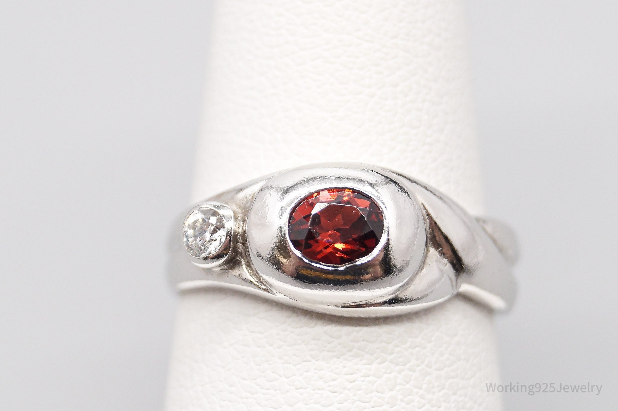Vintage Garnet & Cubic Zirconia Sterling Silver Ring - Size 6.75