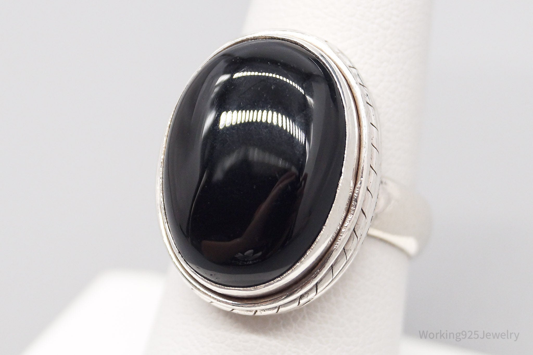 Vintage Large Black Onyx Silver Ring - Size 8