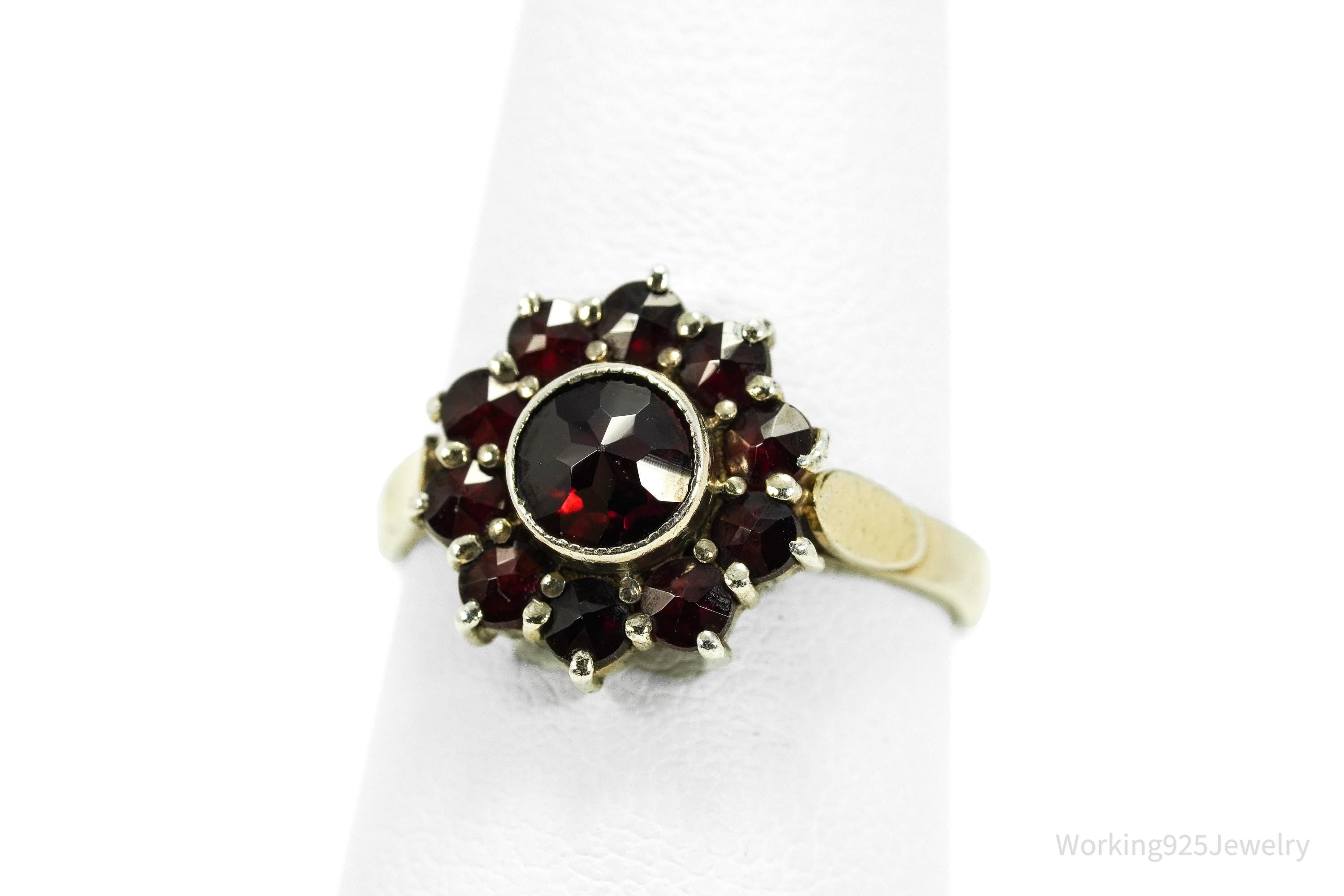 Antique Bohemian Garnet Flower Gold Wash Silver Ring - Size 5.5