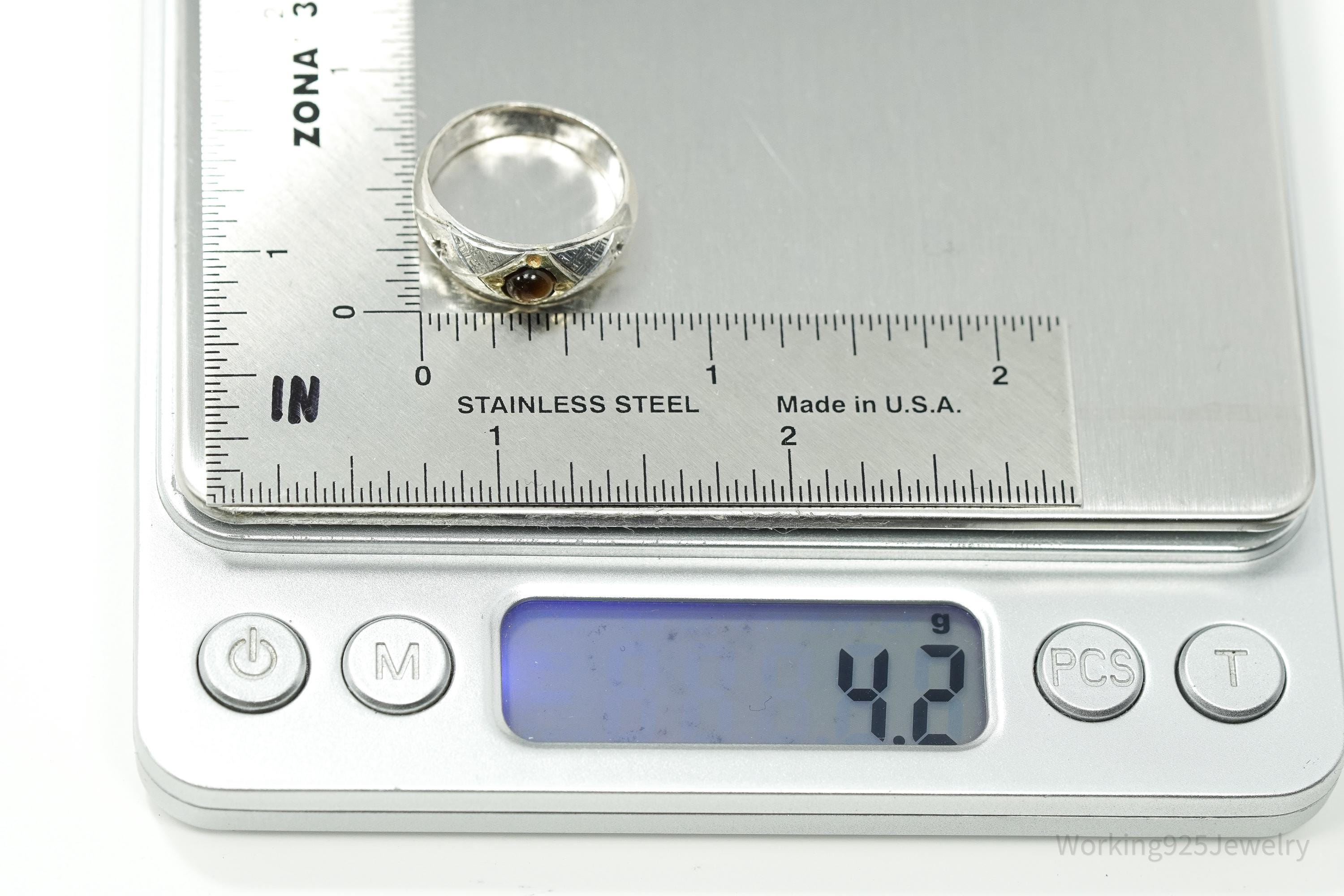 Antique Vintage Tigers Eye Gold Wash Silver Ring - Size 6.25