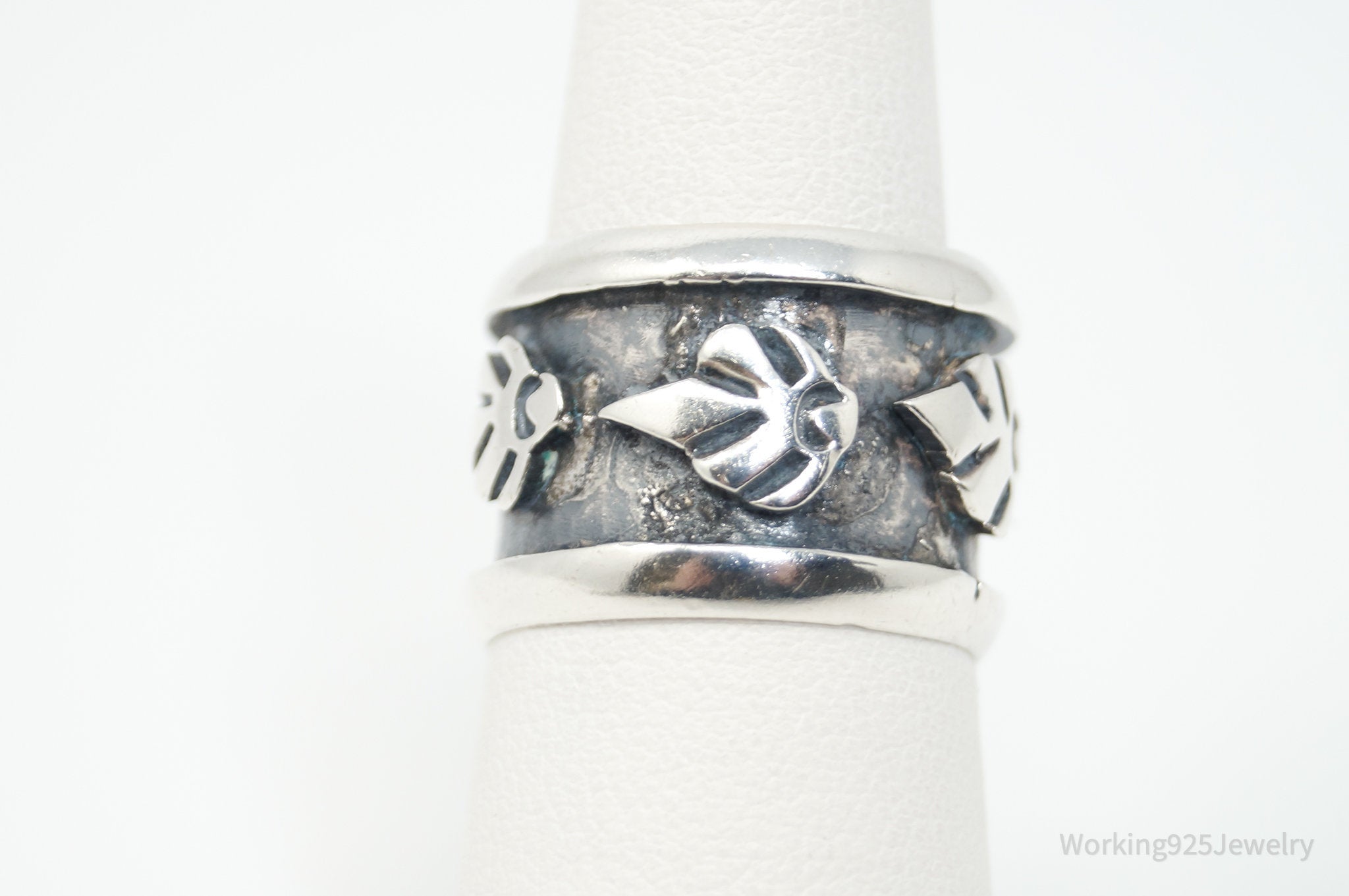 Vintage Mexico Designer Oxidized Sterling Silver Band Ring - Size 6.75