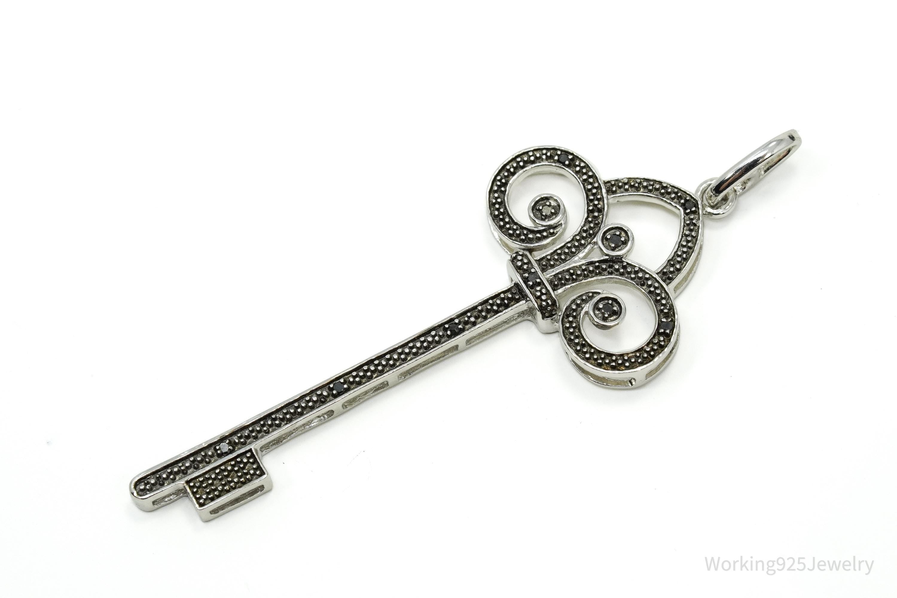 Large Designer JWBR Black Diamond Skelton Key Sterling Silver Necklace Pendant