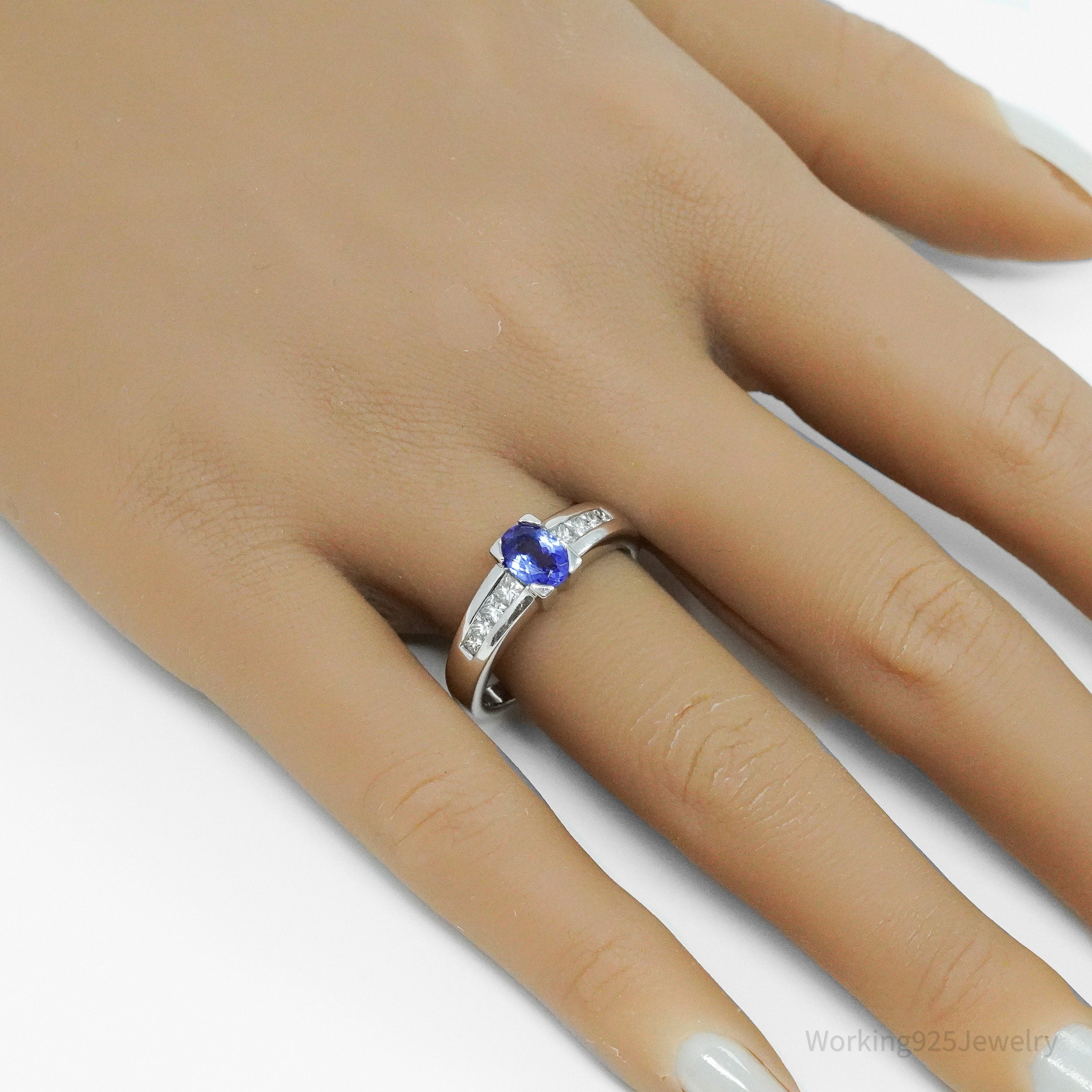14K White Gold, Diamond & Oval Tanzanite Cocktail Ring - Size 9