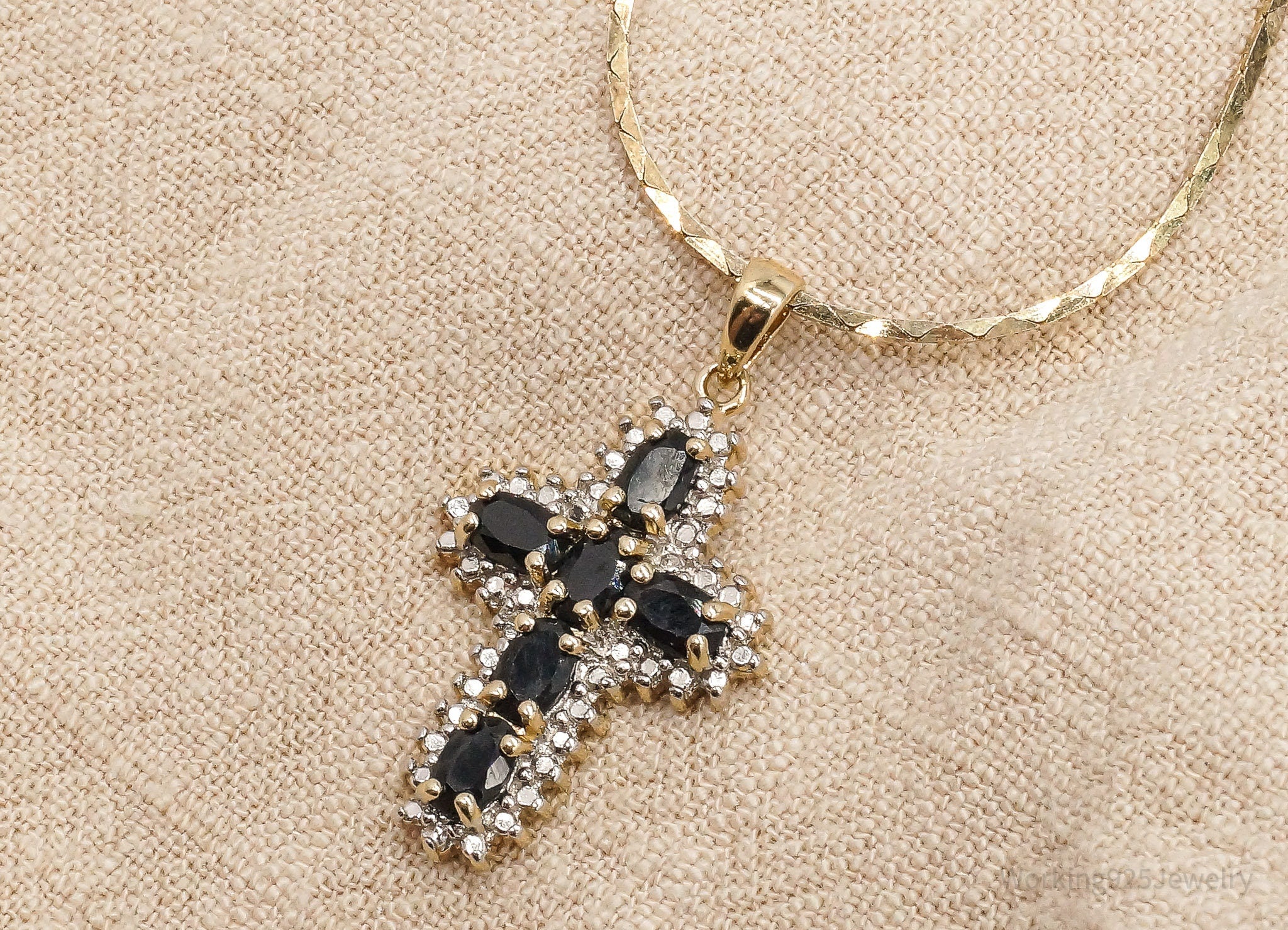 VTG Ross Simons Sapphires Cross Gold Over Sterling Silver Necklace 22"