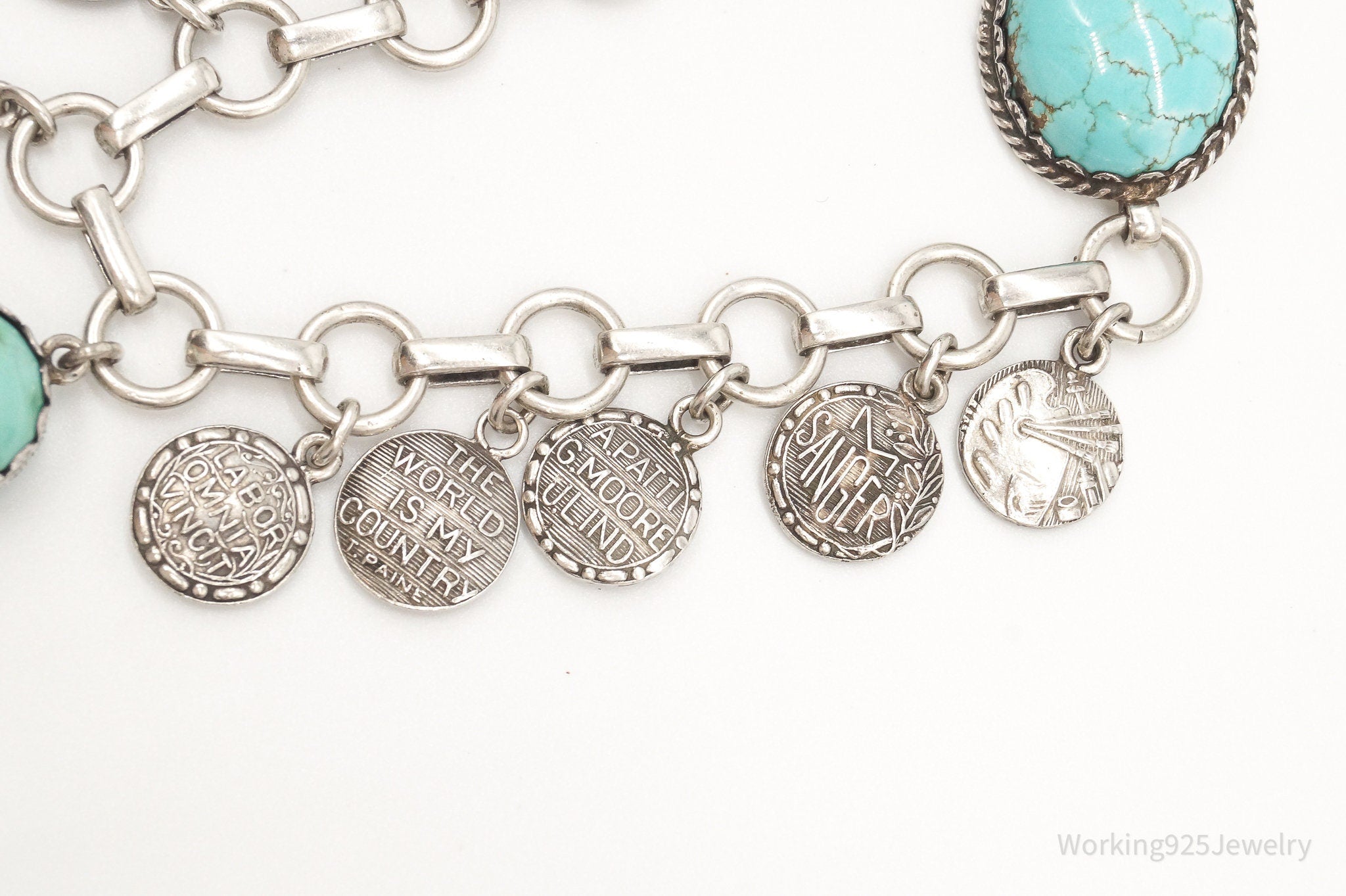 Vintage Turquoise Latin Quotes Solid Silver Charms Bracelet