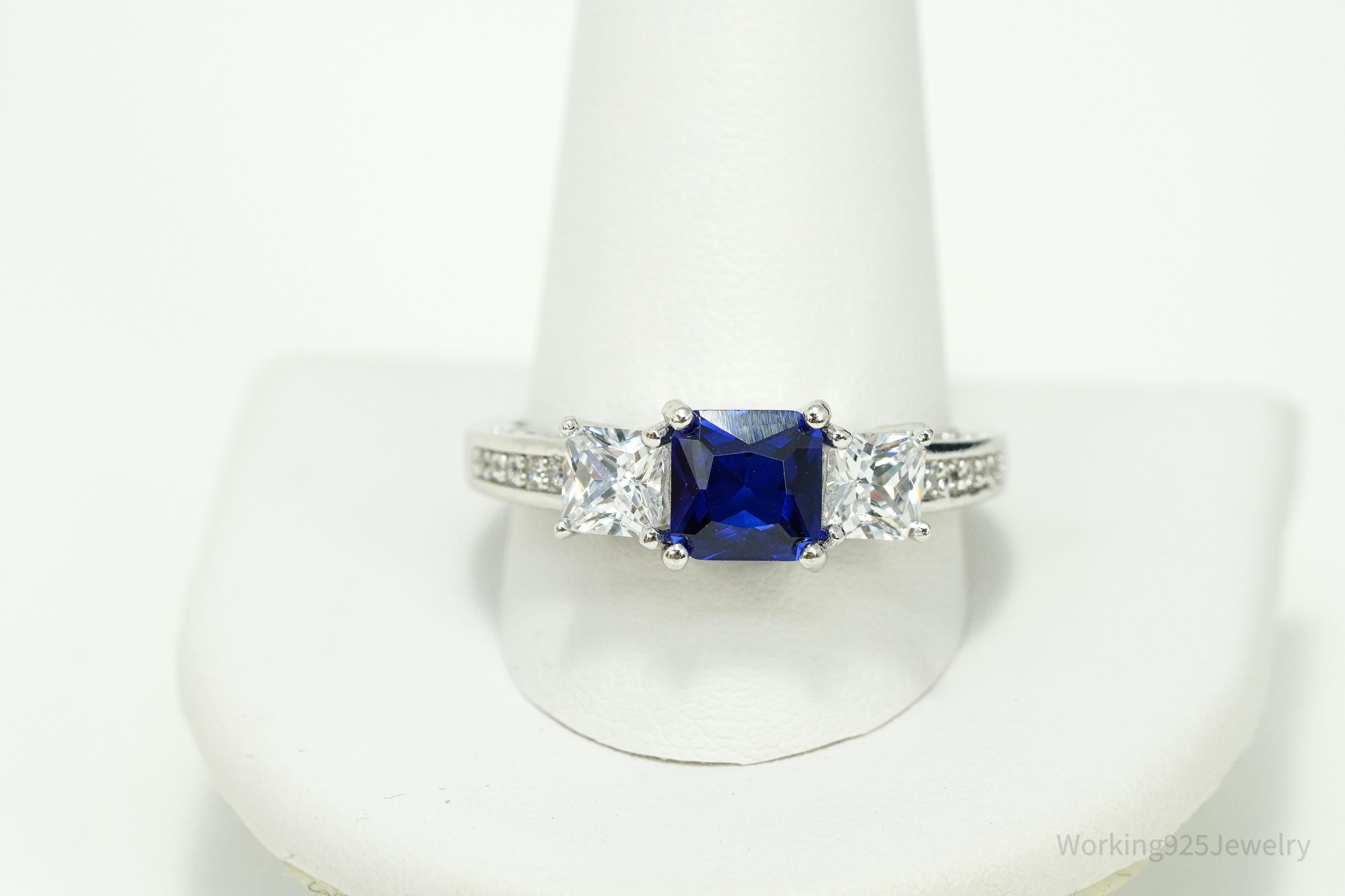 Vintage Lab Sapphire & Cubic Zirconia Sterling Silver Ring - Size 12.25
