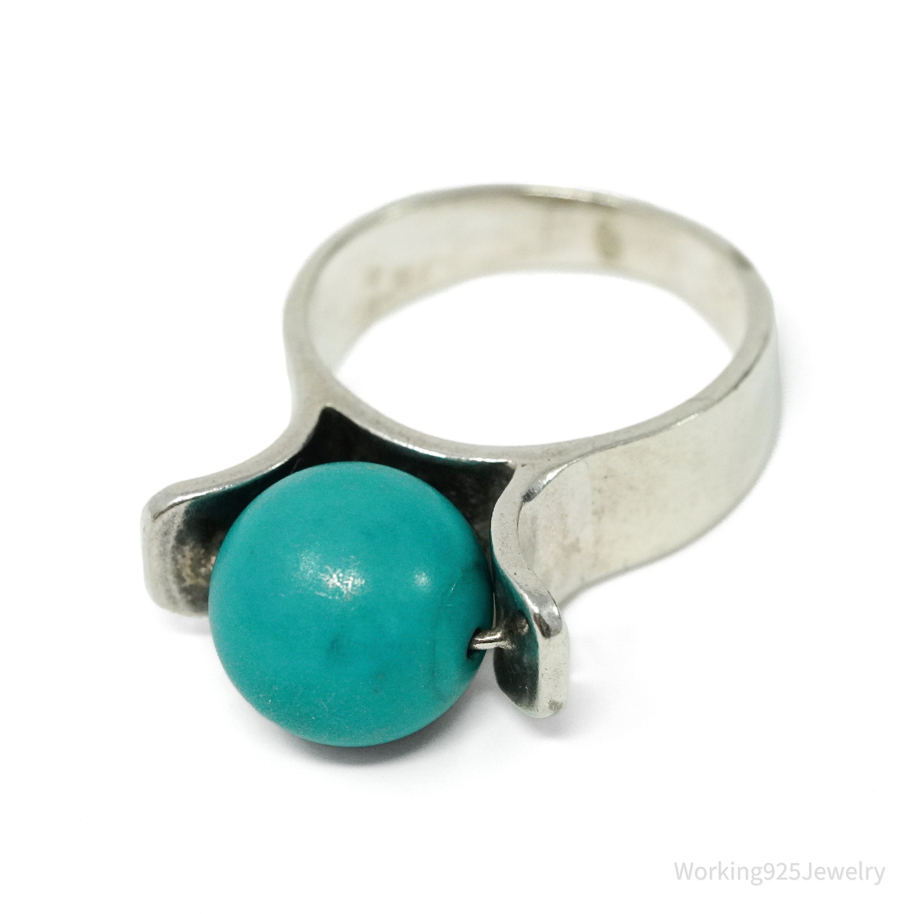 Vintage Spinning Turquoise Ball Modernist Sterling Silver Ring - Size 8