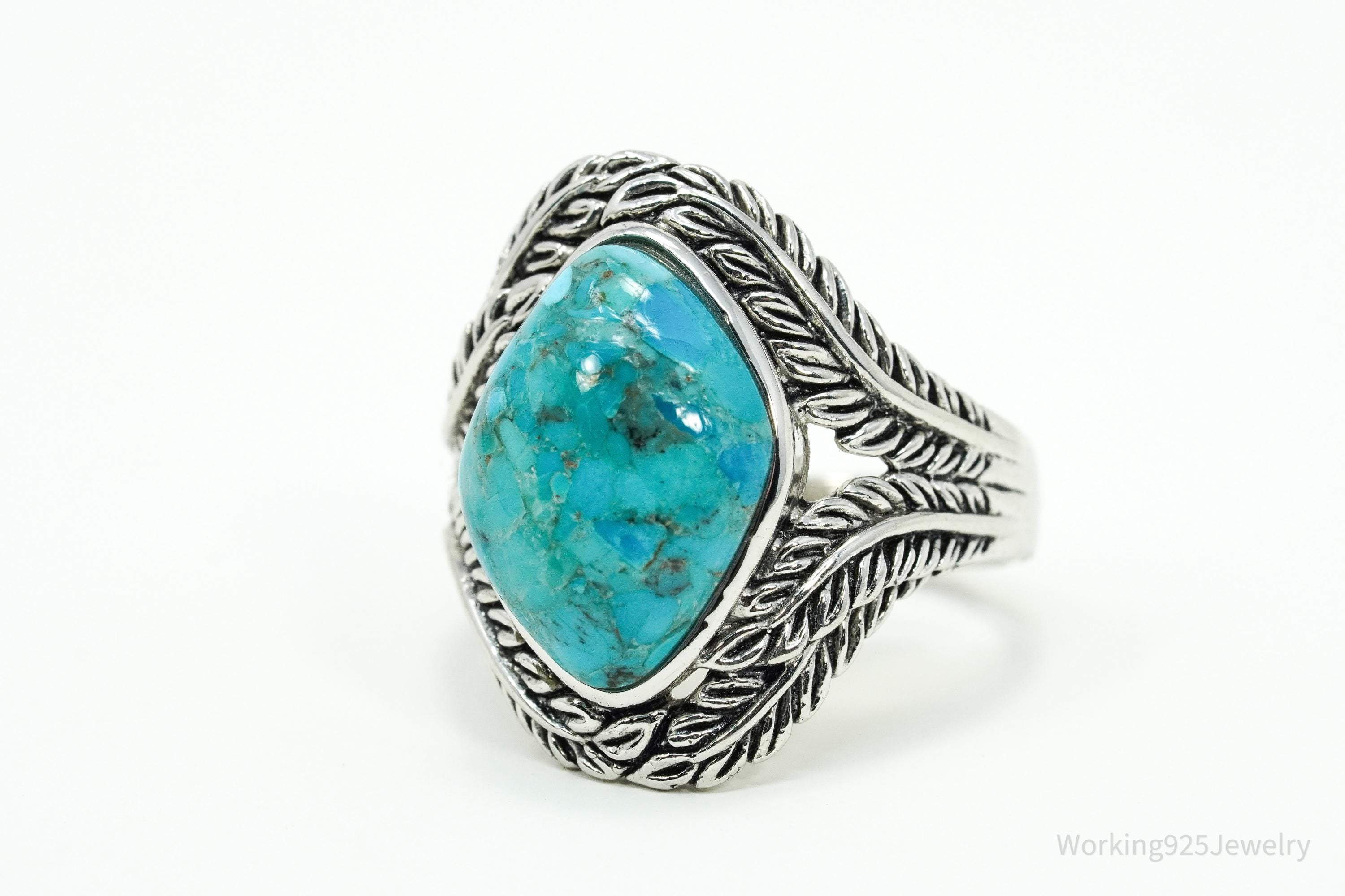 Designer BBJ Turquoise Wrapped Feathers Leaves Design Sterling Silver Ring - Size 12