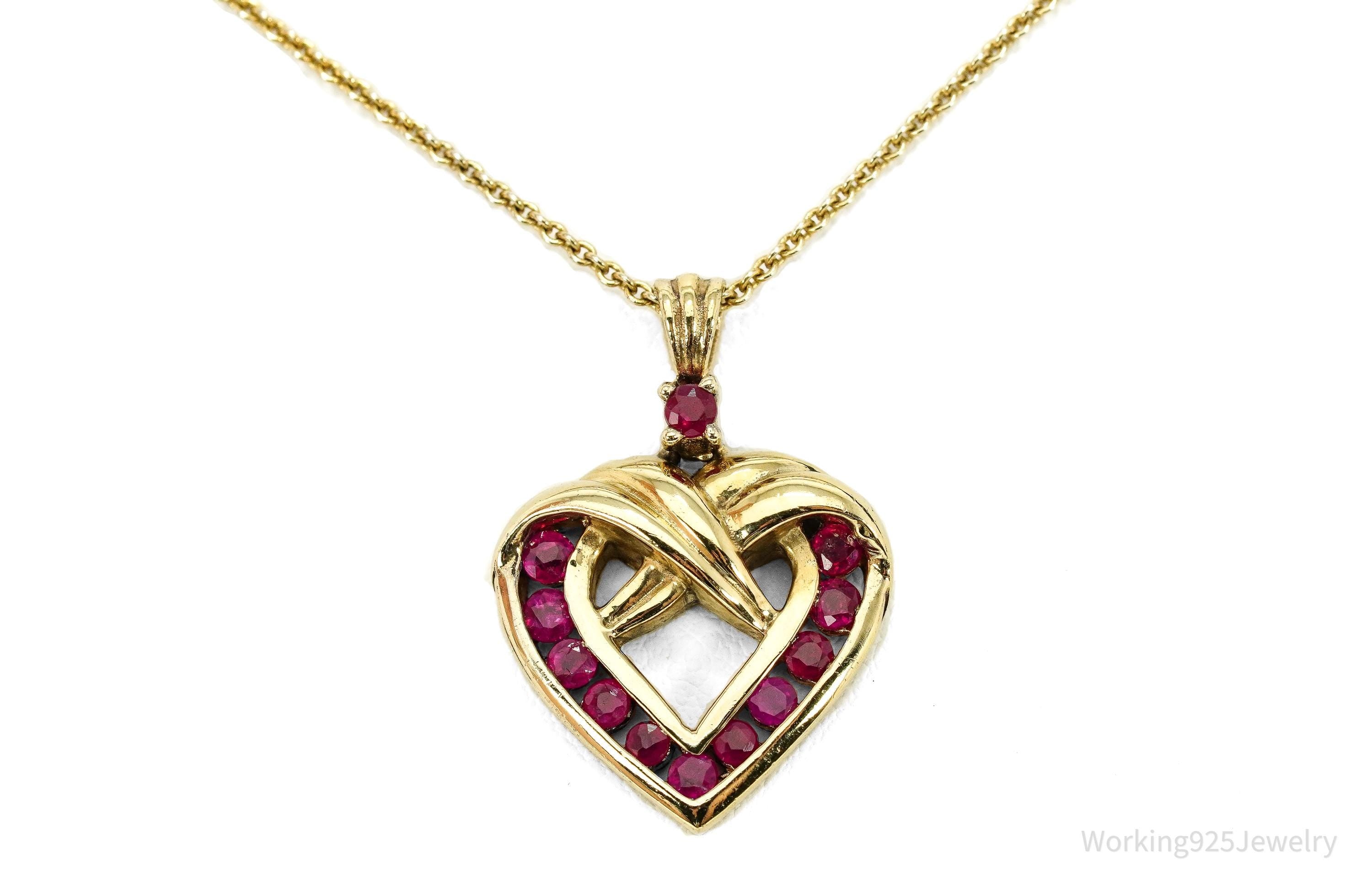 Vintage Ruby Gold Over Sterling Silver Heart Necklace 18"