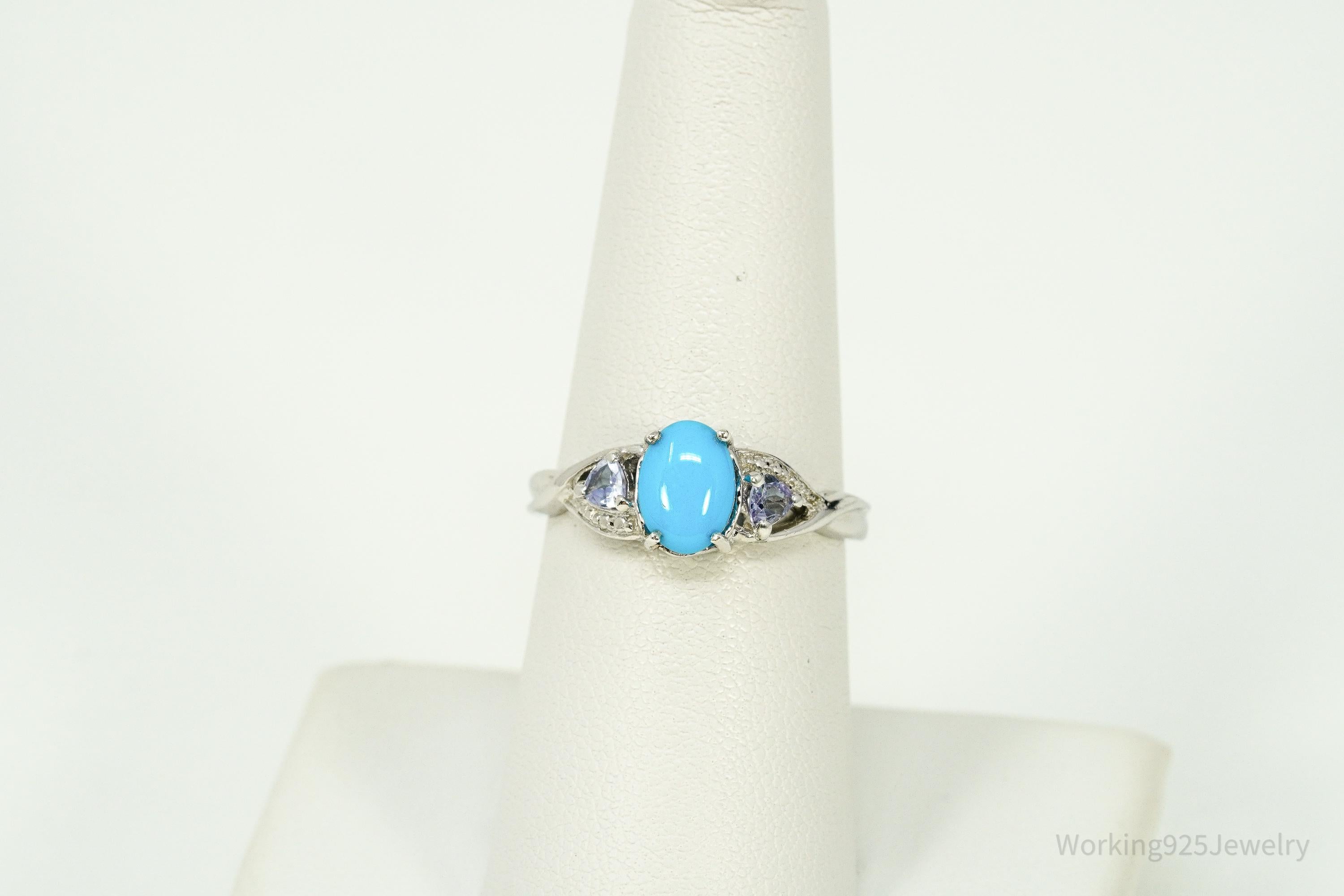 Vintage Blue Turquoise & Tanzanite Sterling Silver Ring - Size 7.25