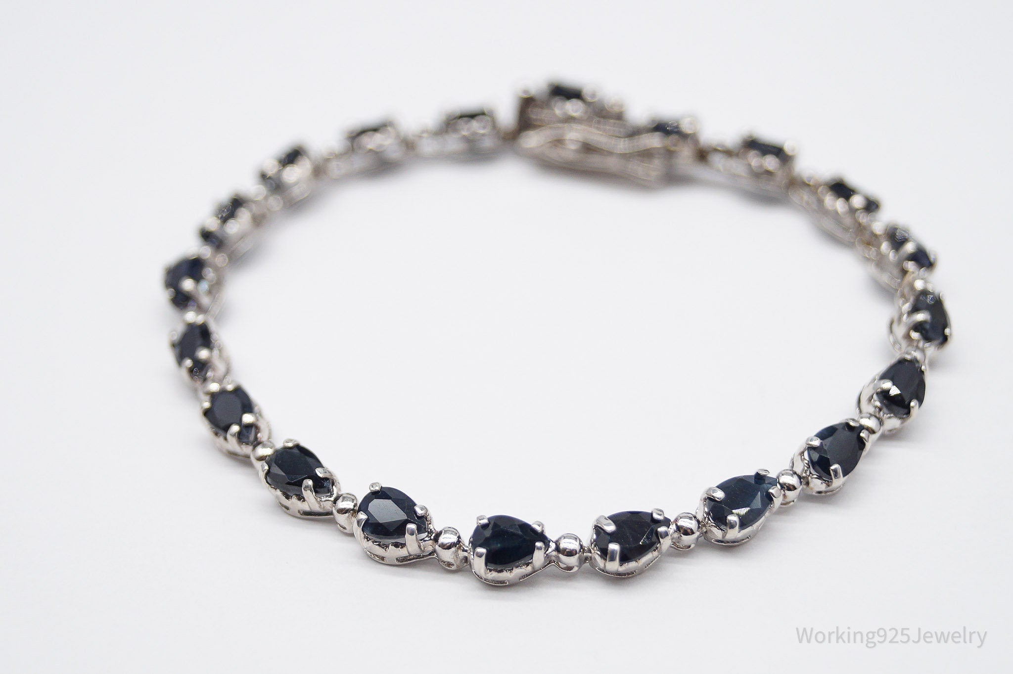 Vintage Blue Sapphire Sterling Silver Tennis Bracelet - 7 5/8"