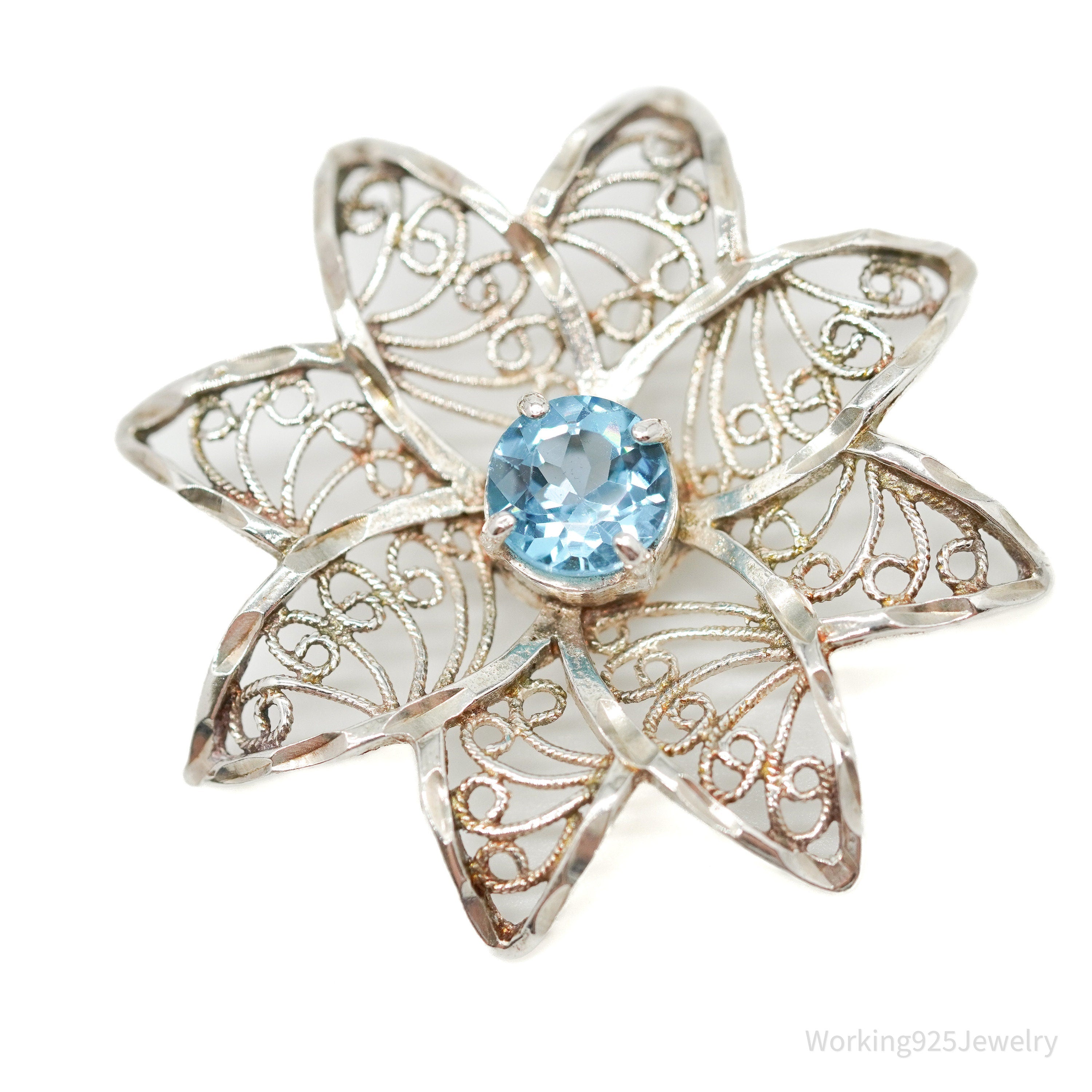 Vintage Ornate Blue Topaz Flower Sterling Silver Necklace Pendant