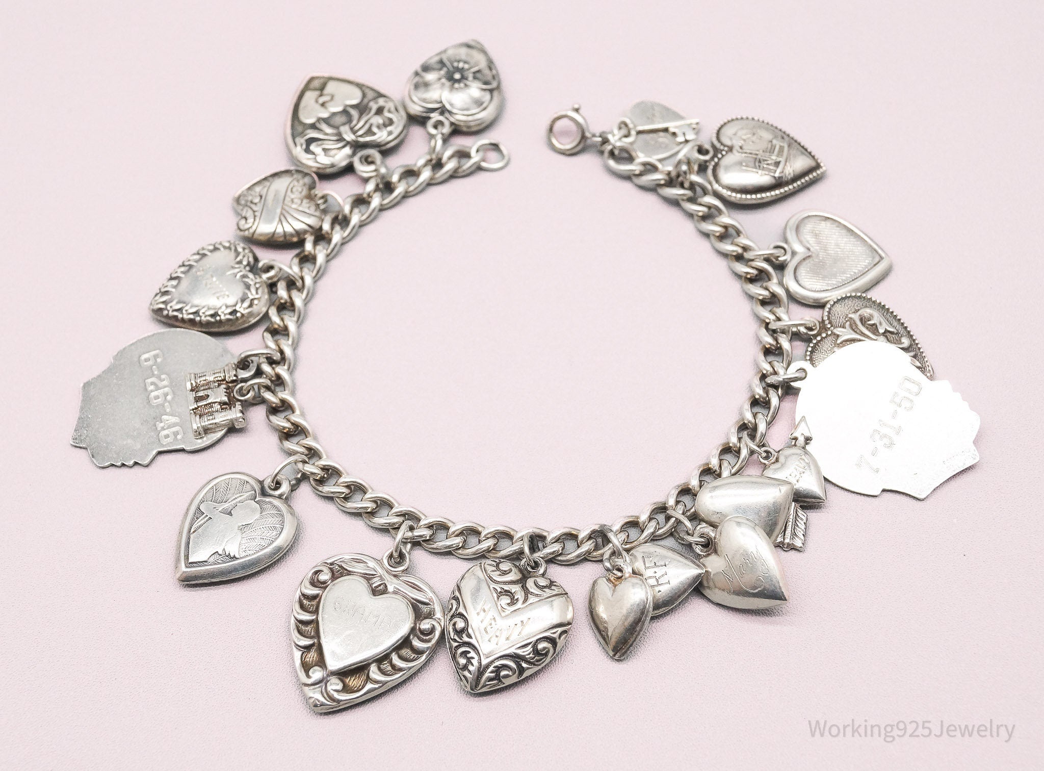 Antique Vintage Puffy Hearts Charms Sterling Silver Charm Bracelet