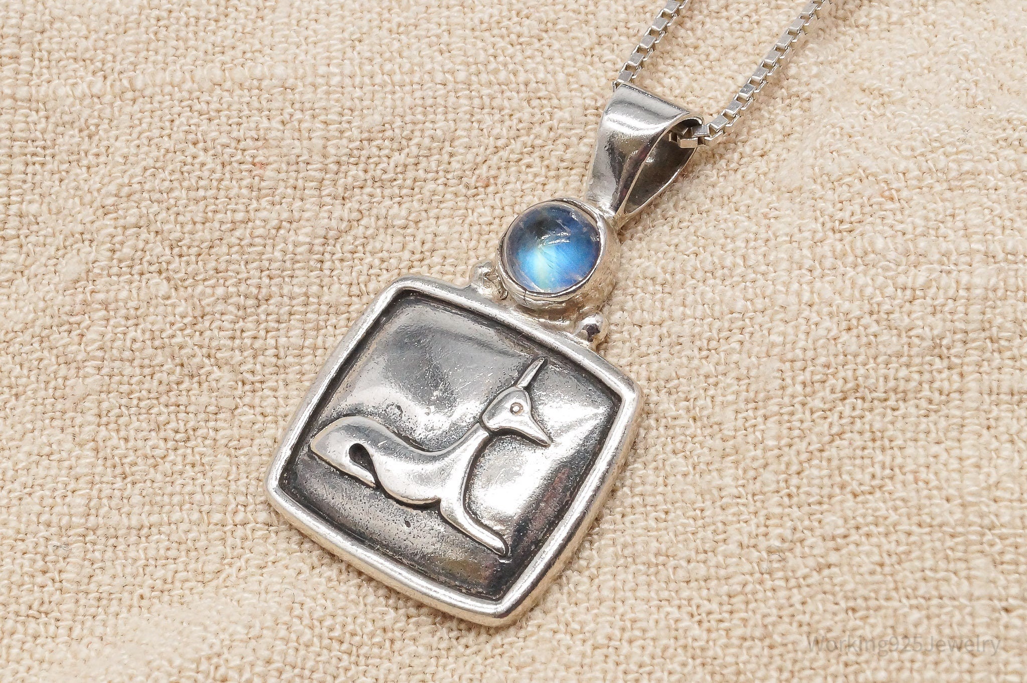 Vintage Egyptian God Anubis Moonstone Sterling Silver Necklace 30"