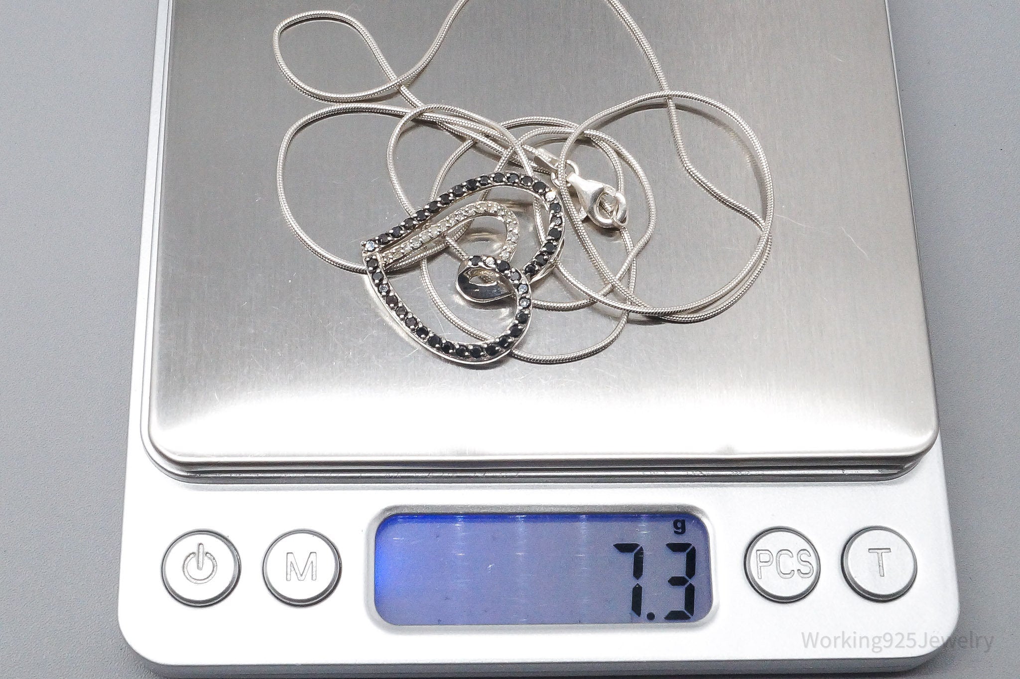 Vintage Black & White Diamond Heart Sterling Silver Necklace 24"