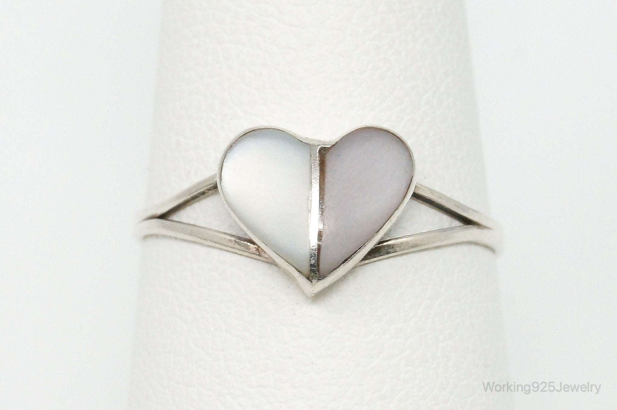 Vintage Mexico Mother Of Pearl Heart Sterling Silver Ring Size 7.5