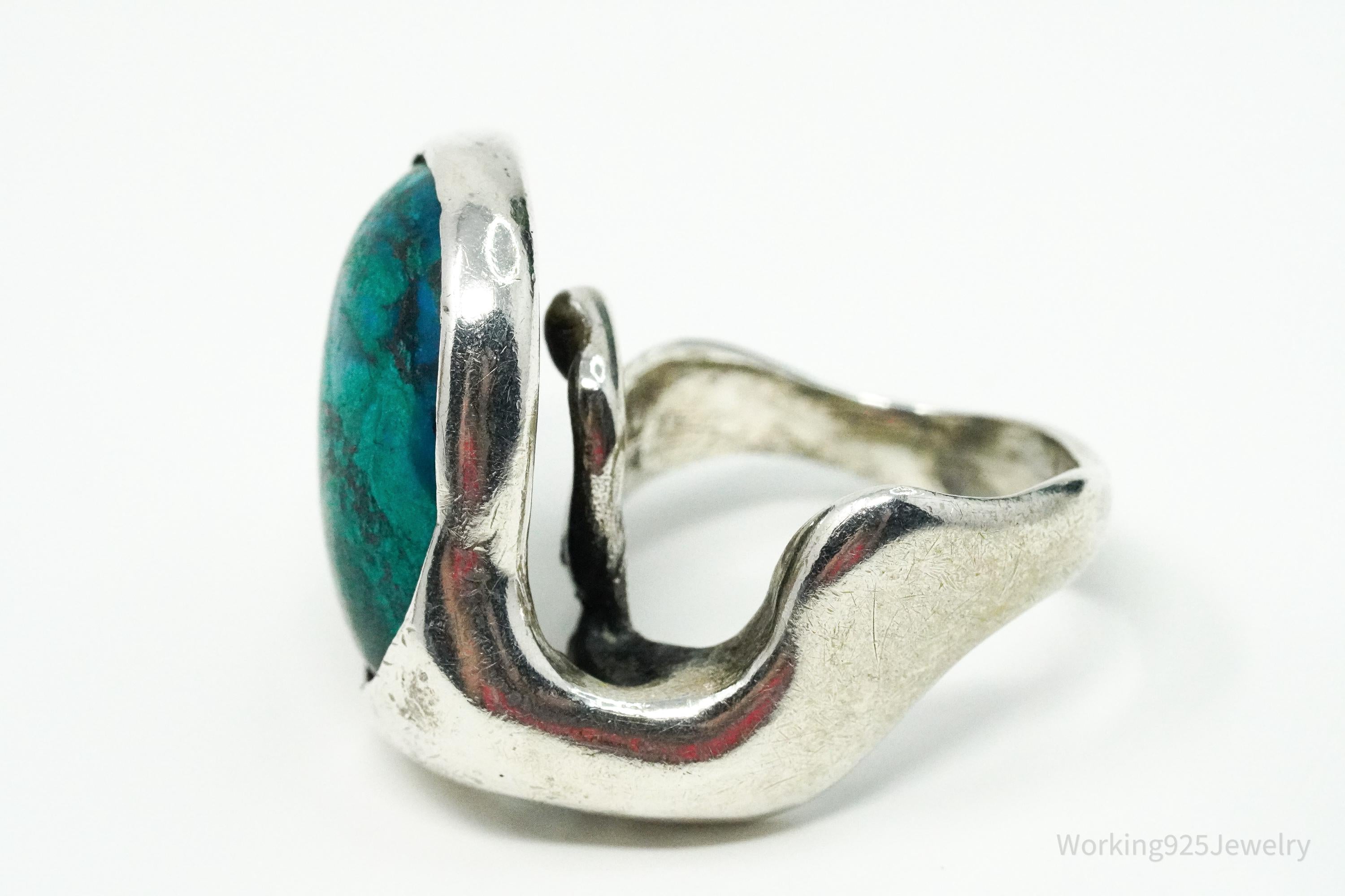 Vintage Azurite Malachite Modernist Style Silver Ring - Size 6.5