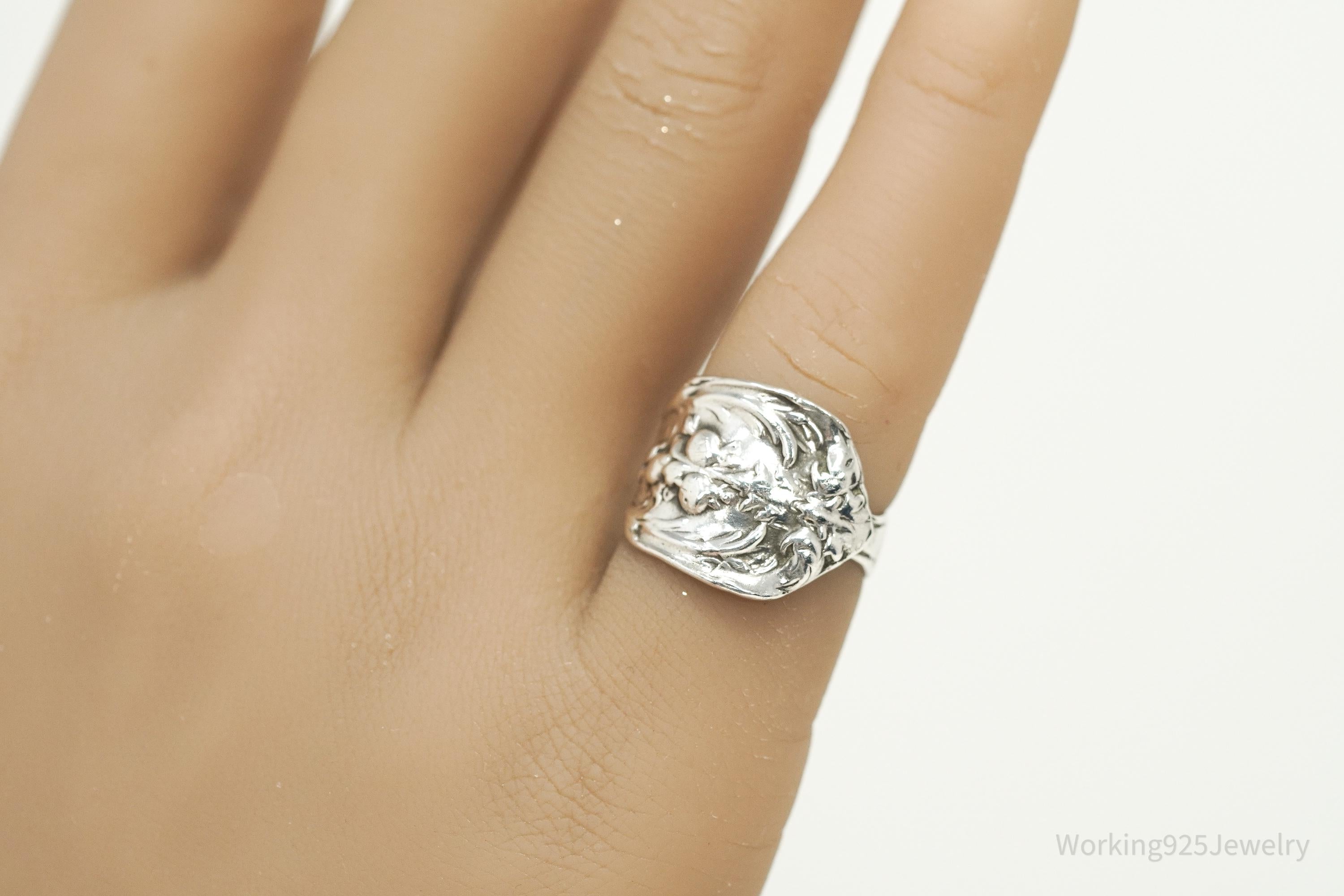 Antique Floral Sterling Silver Spoon Ring - Size 5.25
