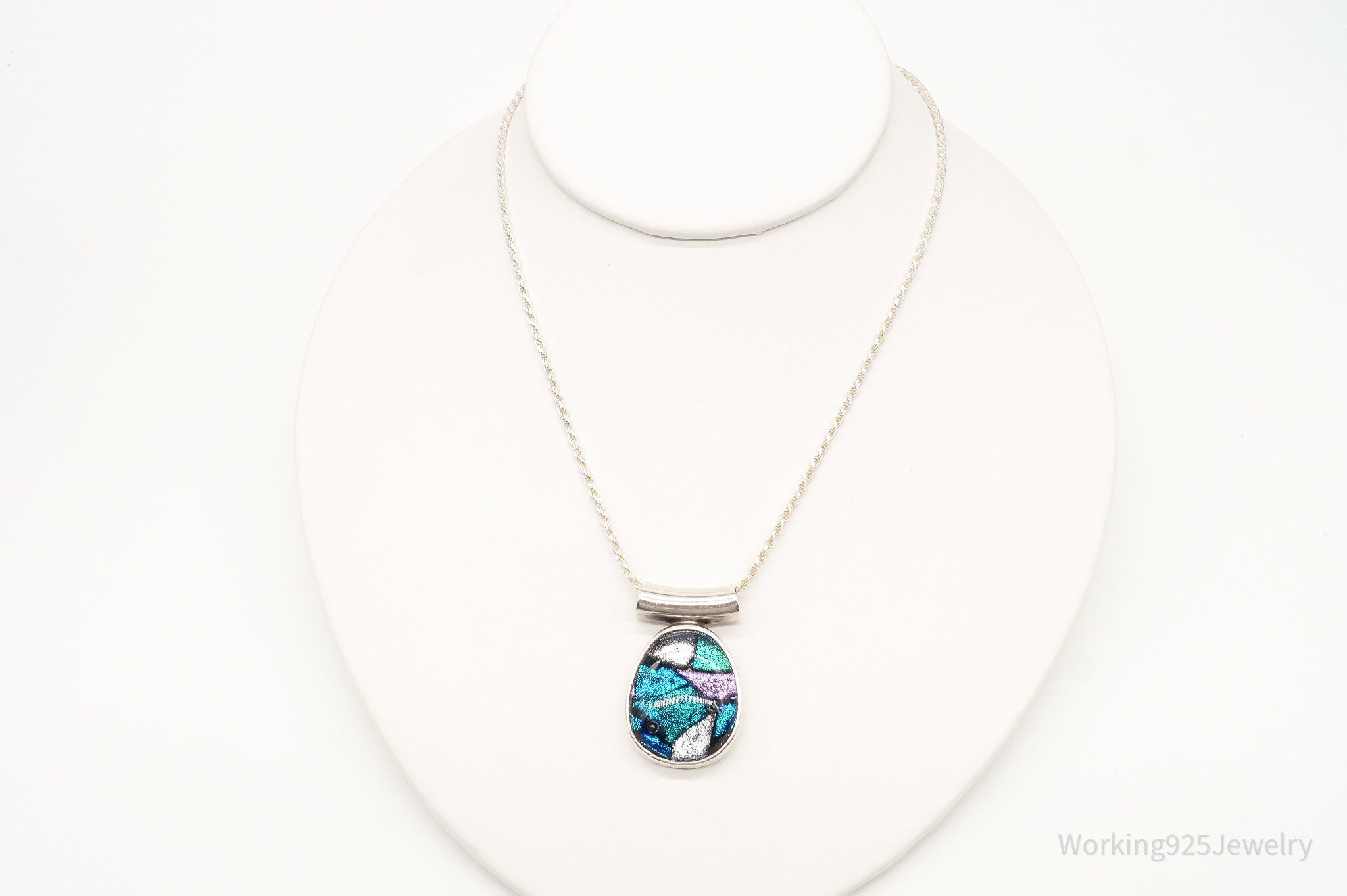 Vintage Large Dichroic Glass Sterling Silver Necklace