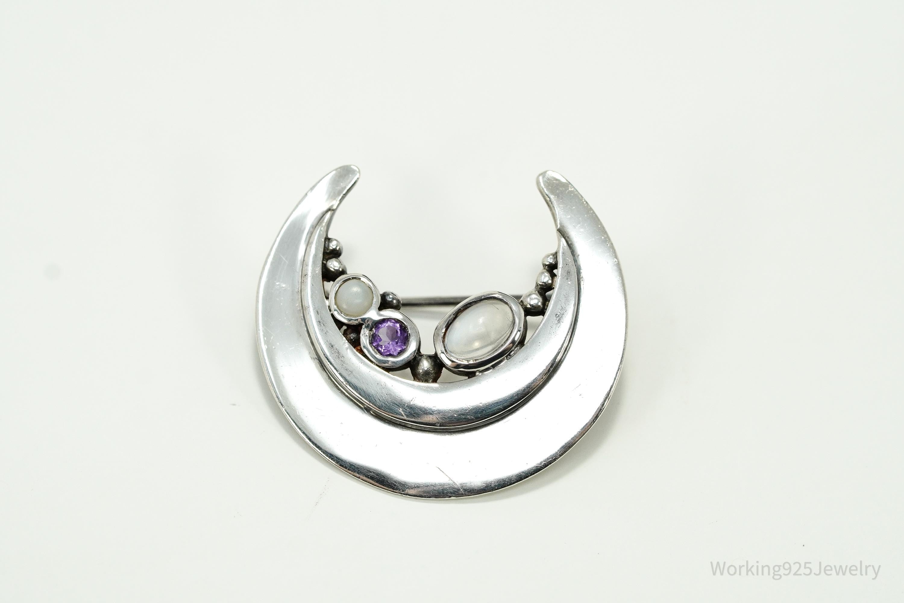 Vintage Amethyst & Moonstone Moon Sterling Silver Brooch Pin
