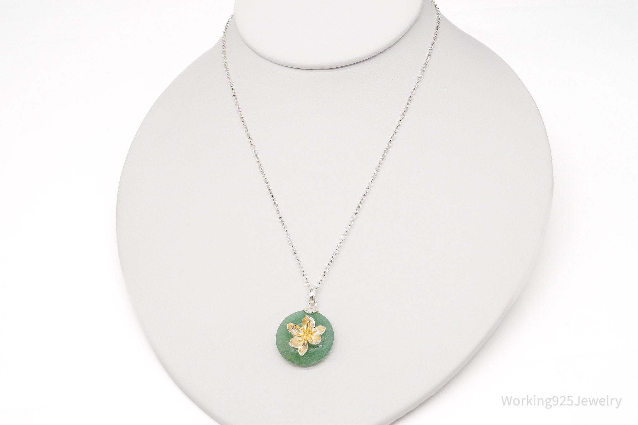 Vintage Green Jade Gold Vermeil Flower Sterling Silver Necklace 18"