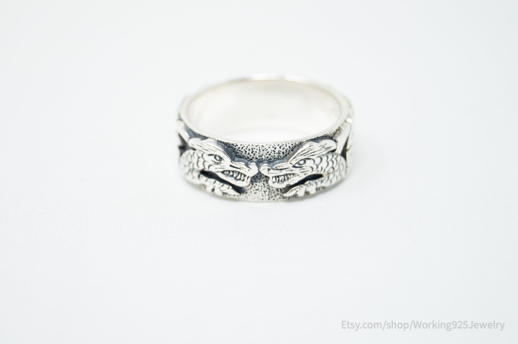 Vintage Etched Double Dragons Sterling Silver Band Ring Sz 11