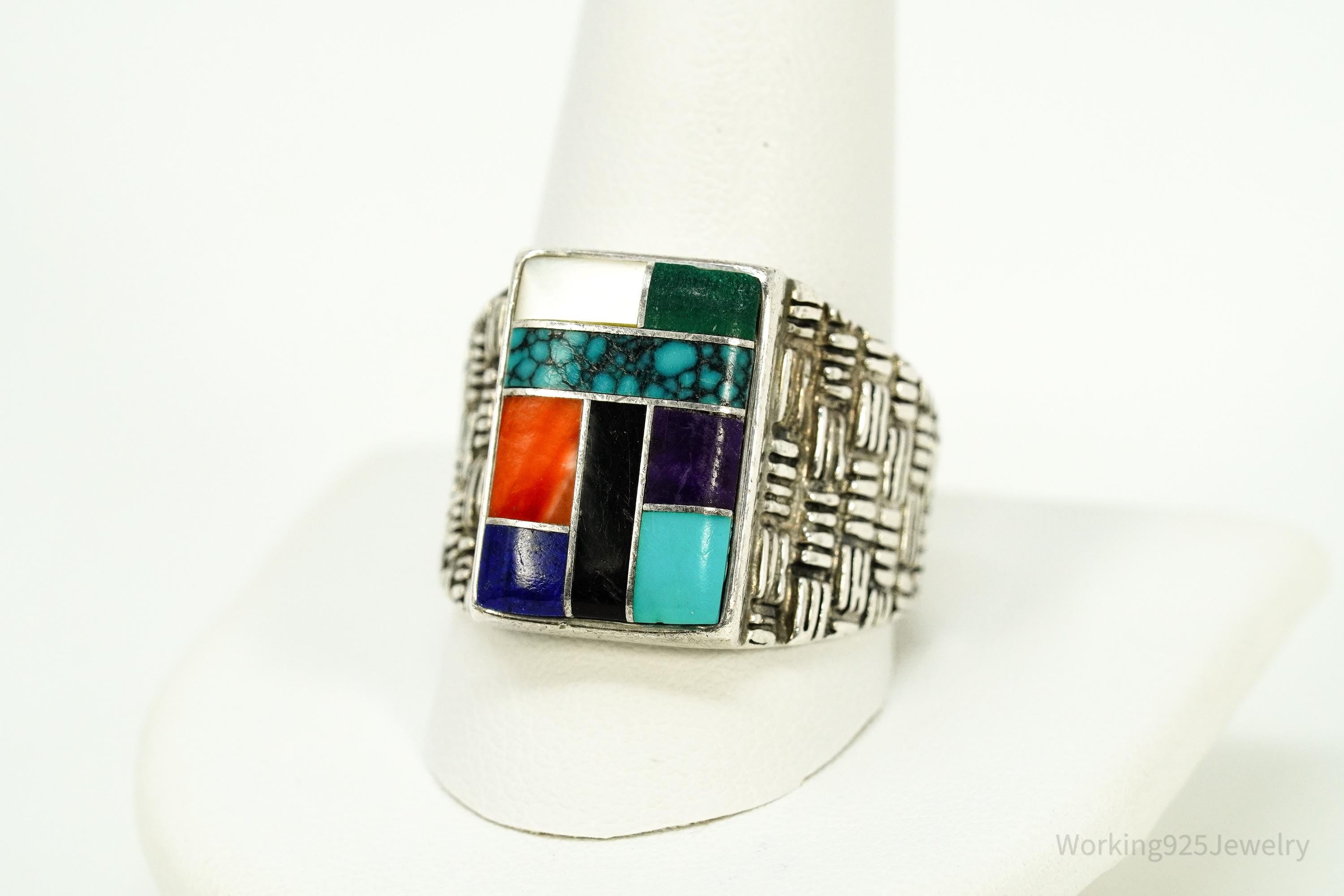 Vintage Native American Multi Gemstone Inlay Sterling Silver Ring - Size 12