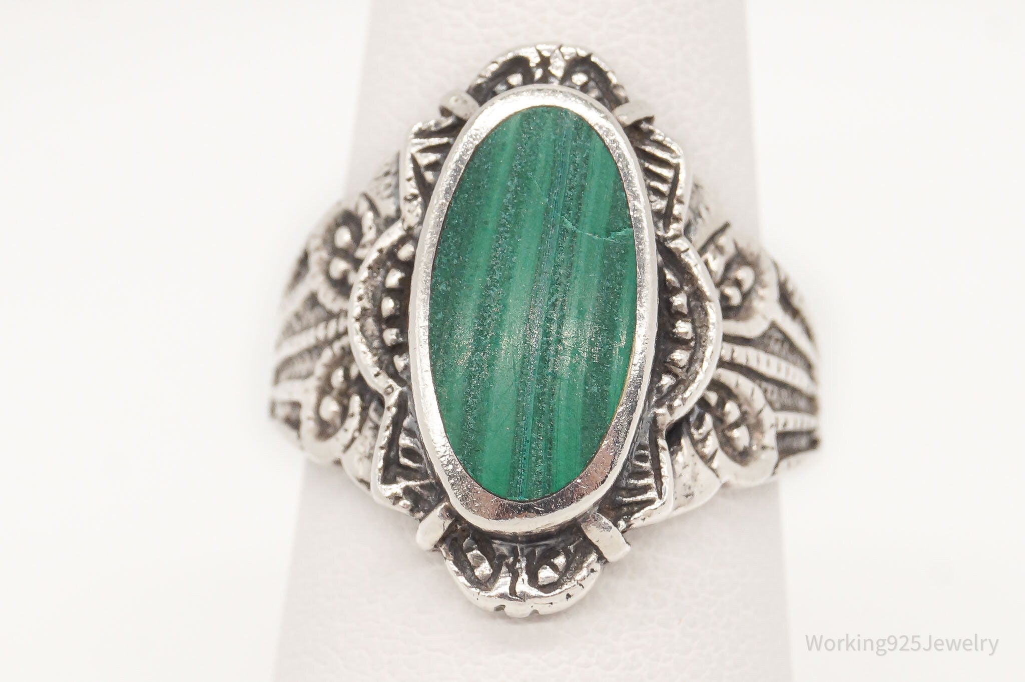 Vintage Malachite Sterling Silver Ring - Size 6