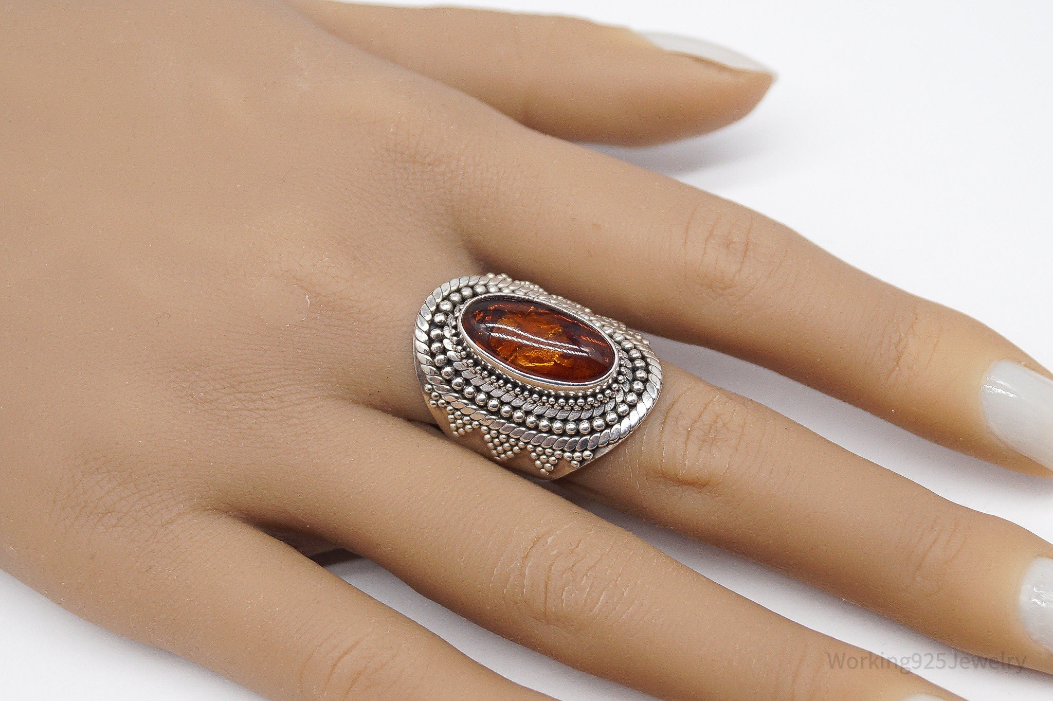 Vintage BA Suarti Amber Sterling Silver Ring - Size 8.75
