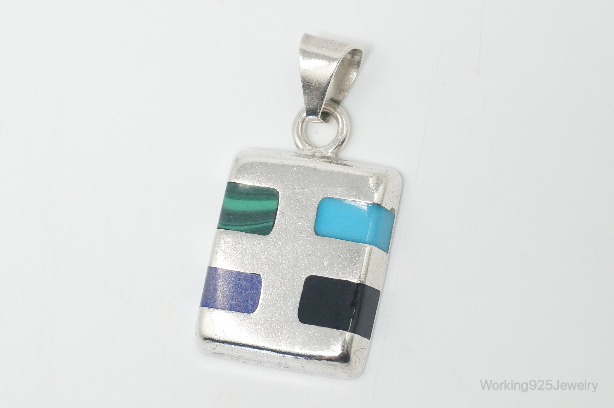 Vintage Mexico Designer ATI Multi Gem Southwestern Sterling Silver Pendant