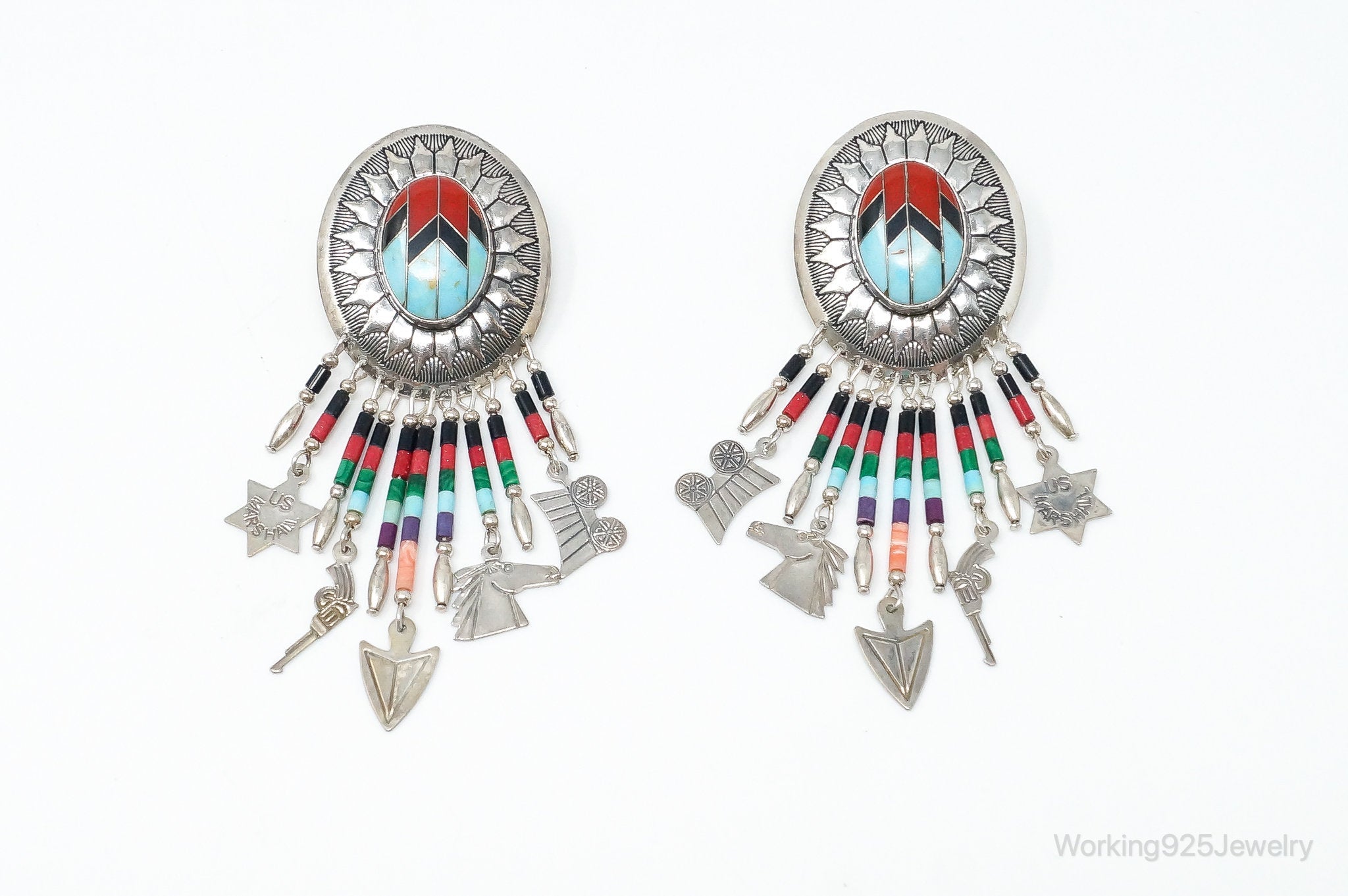 Vintage Native American Running Bear Shop Multi Gem Sterling Silver Earrings