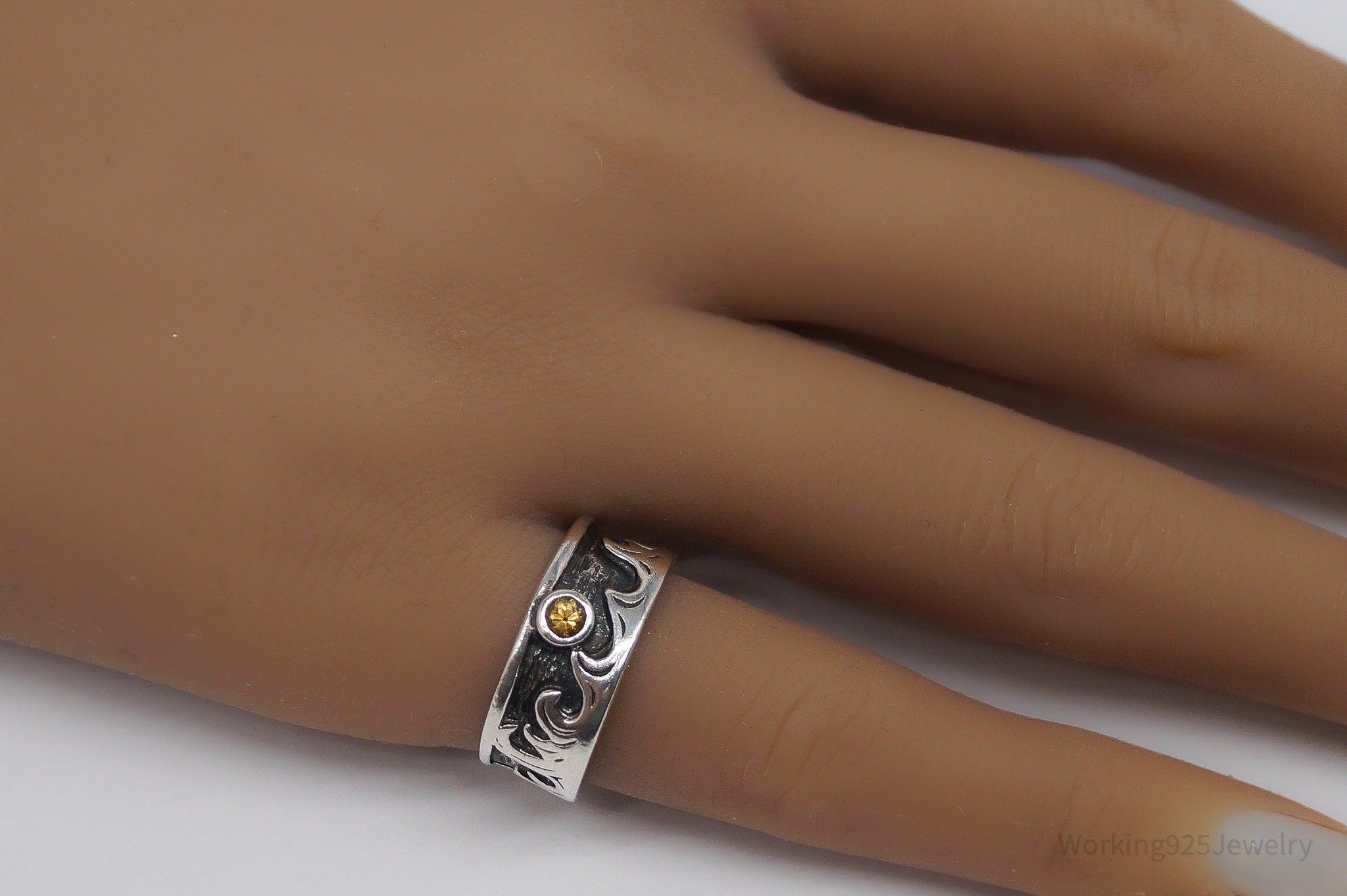 Vintage Boma Citrine Moon & Waves Sterling Silver Band Ring - Size 6.25