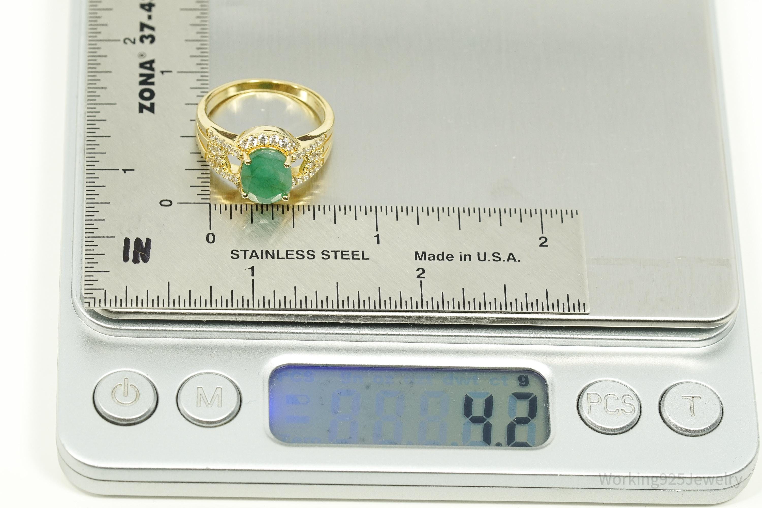 Vintage Emerald & White Topaz Gold Vermeil Sterling Silver Ring Size 8