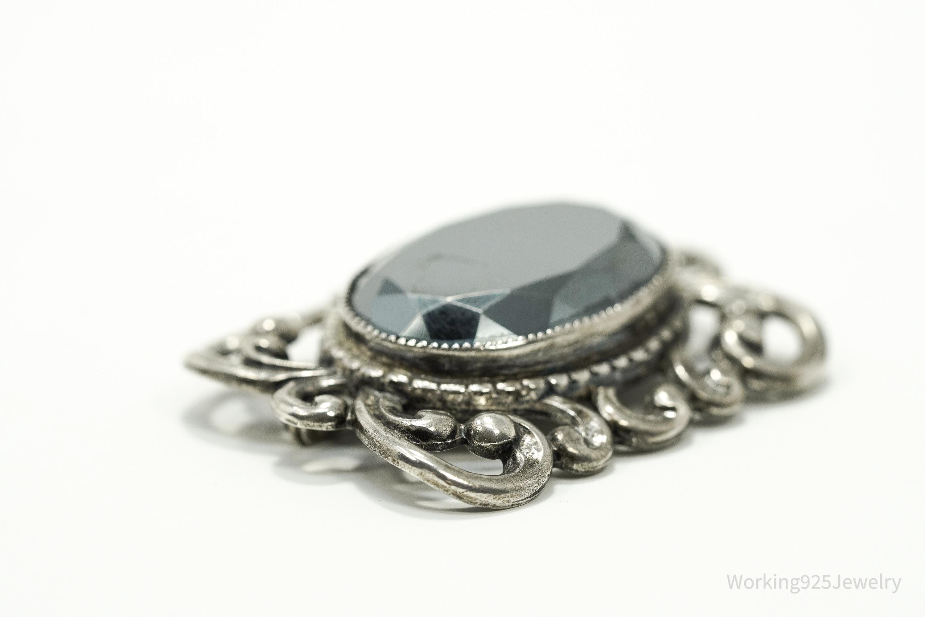 Vintage Designer Danecraft Hematite Ornate Sterling Silver Brooch Pin