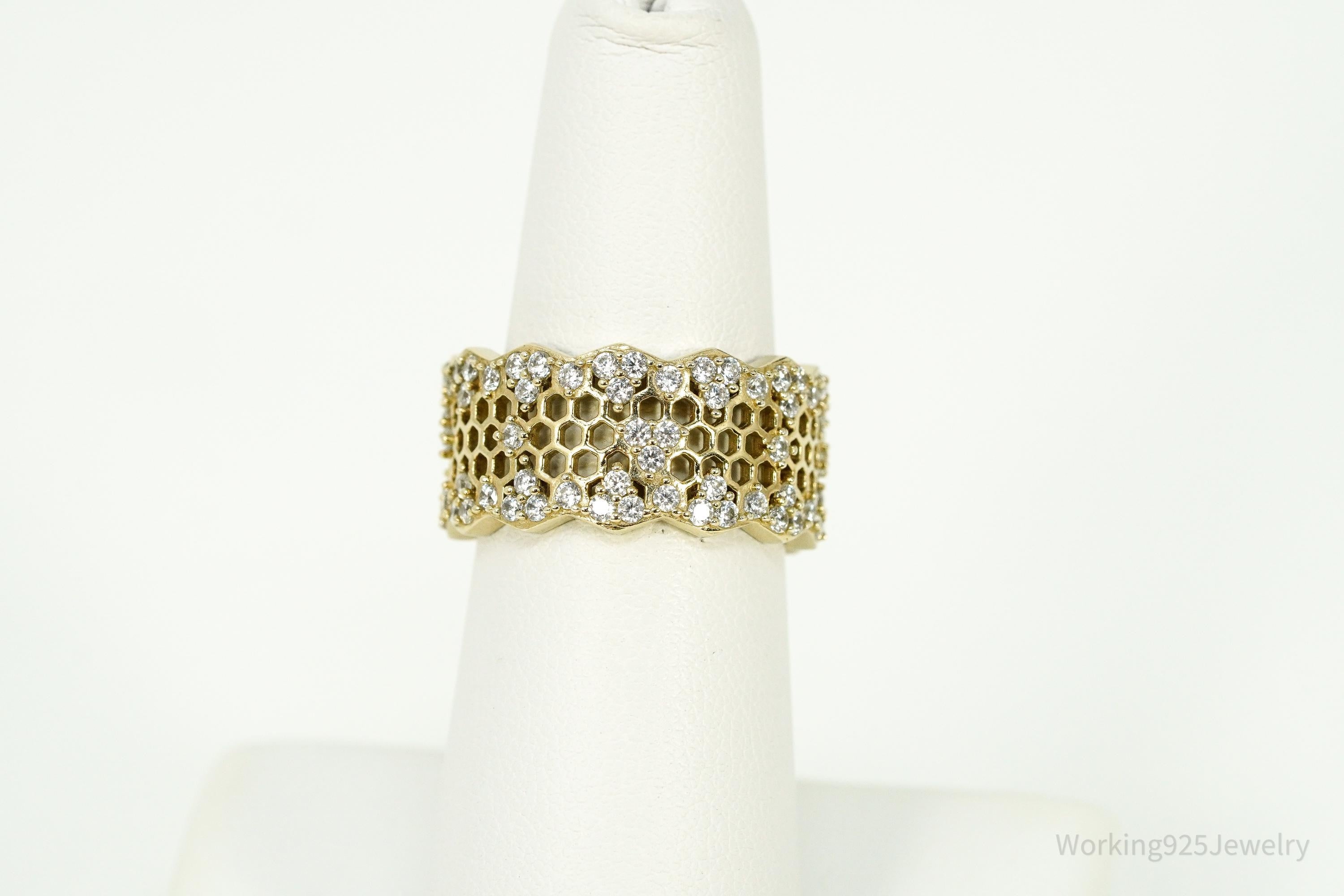 Vintage Cubic Zirconia Gold Vermeil Sterling Silver Honeycomb Lace Ring - Size 7