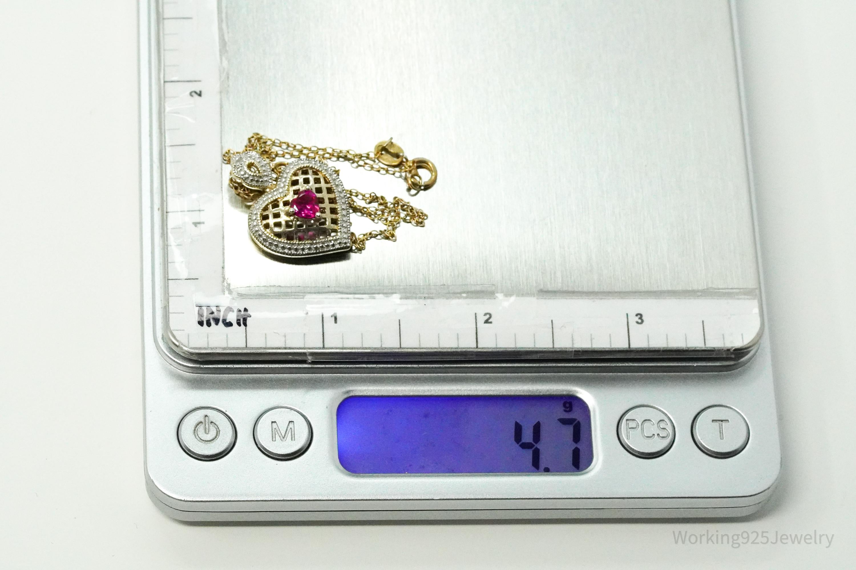 Vintage Ruby & Diamond Gold Over Sterling Silver Heart Necklace 18"