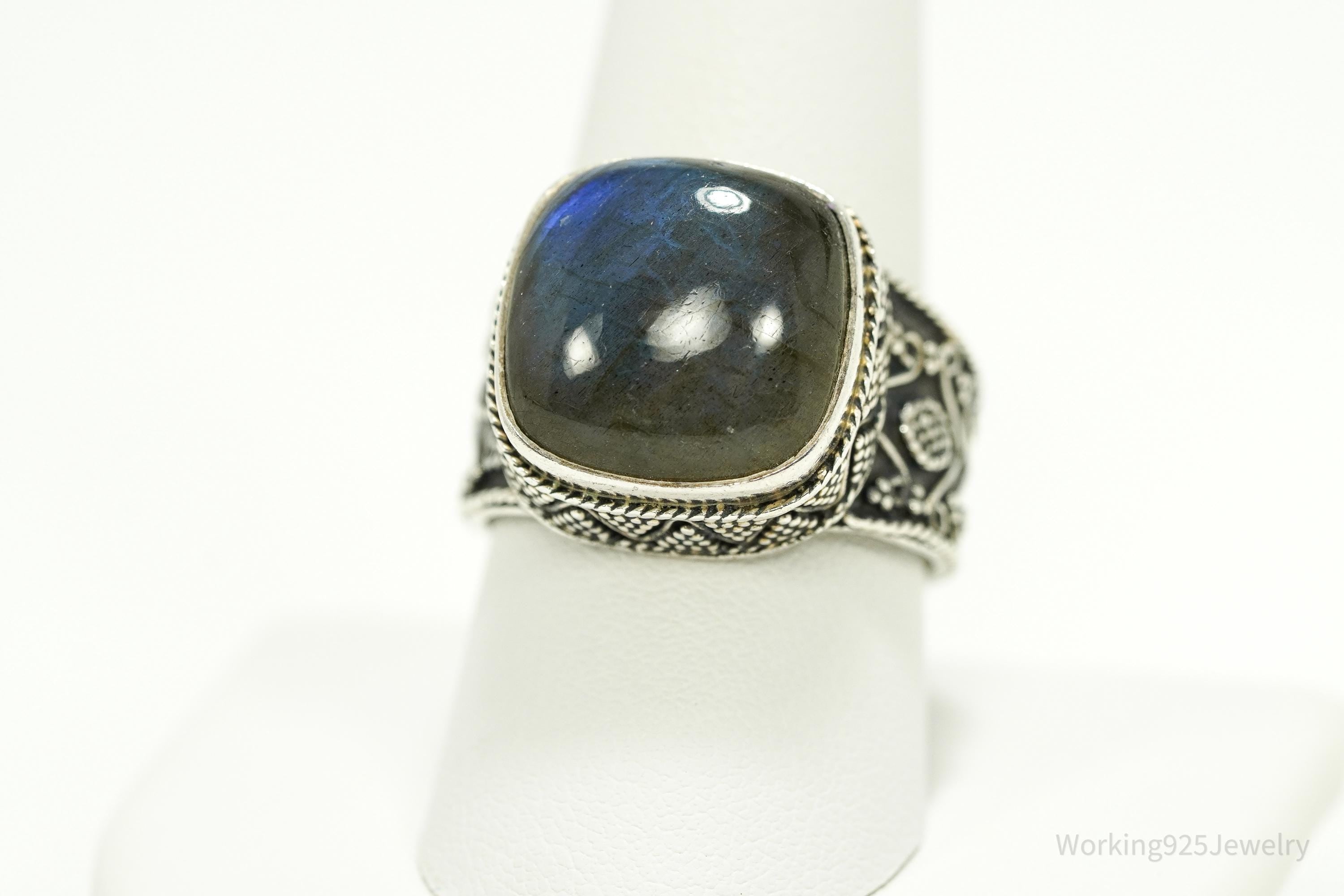 Vintage Large Labradorite Ornate Sterling Silver Ring - SZ 10.25