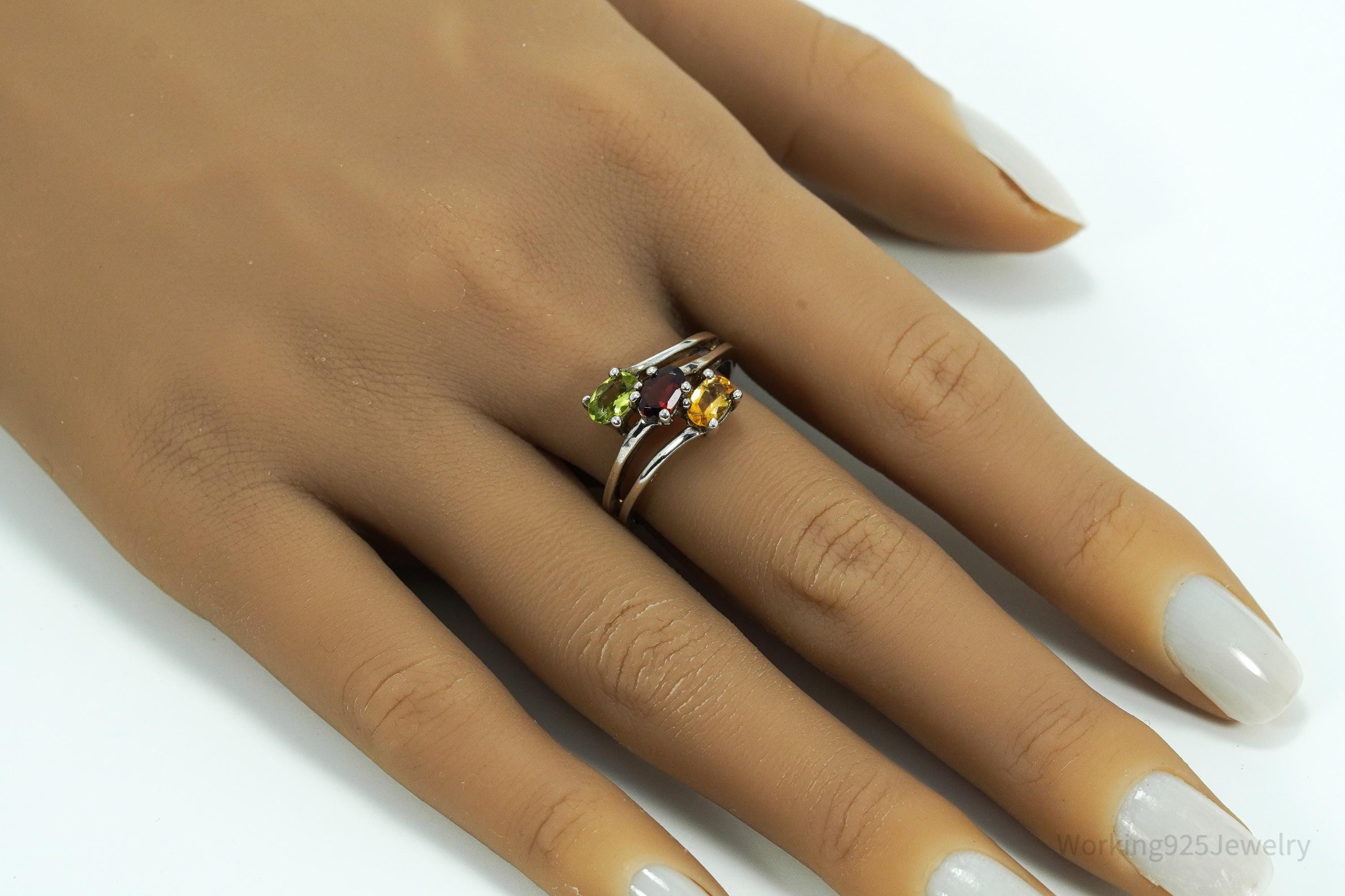 Vintage Citrine Garnet & Peridot Sterling Silver Ring - Size 9.25