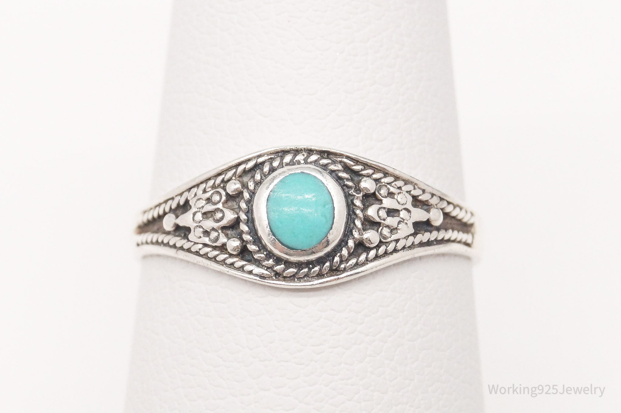 Vintage Turquoise Filigree Sterling Silver Ring - Size 7