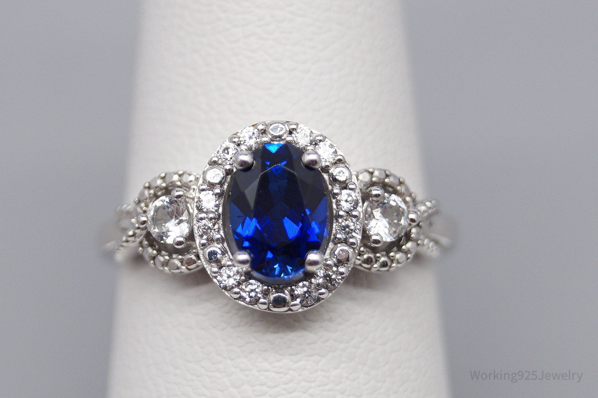 Vintage Lab Sapphire Cubic Zirconia Sterling Silver Ring - Size 6.75