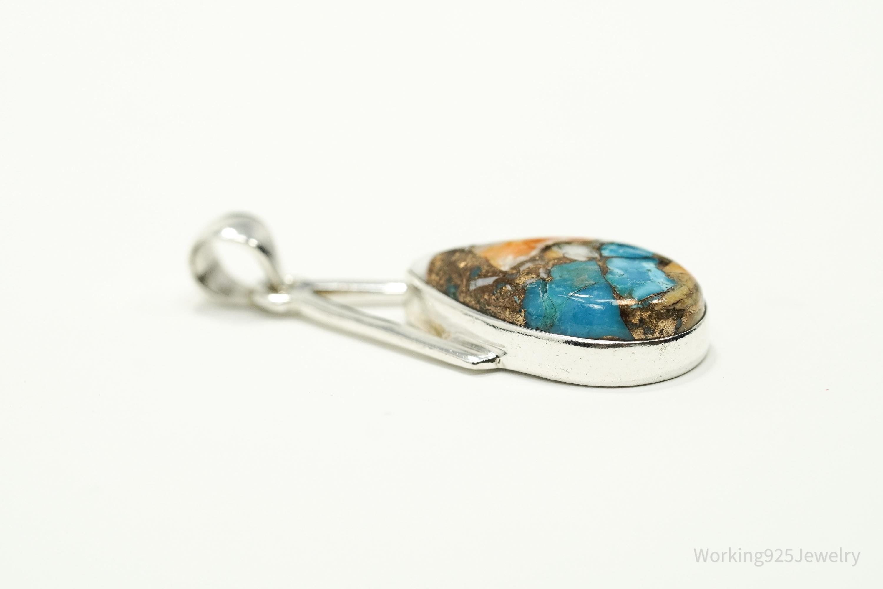 Vintage Oyster Copper Turquoise Sterling Silver Pendant 1 5/8"