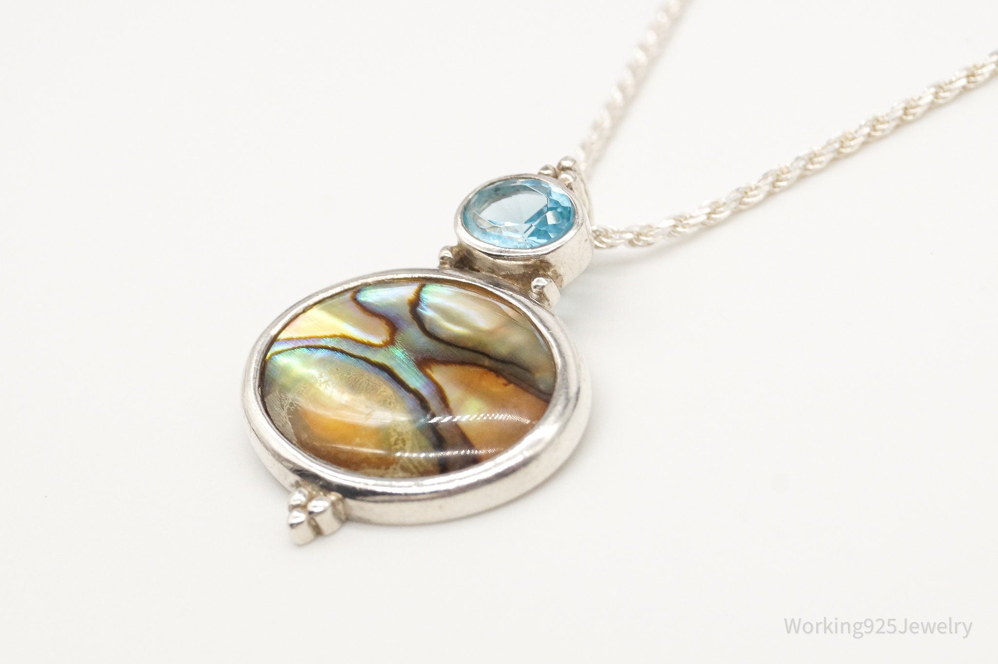 Vintage Paua Abalone Shell Blue Topaz Sterling Silver Necklace