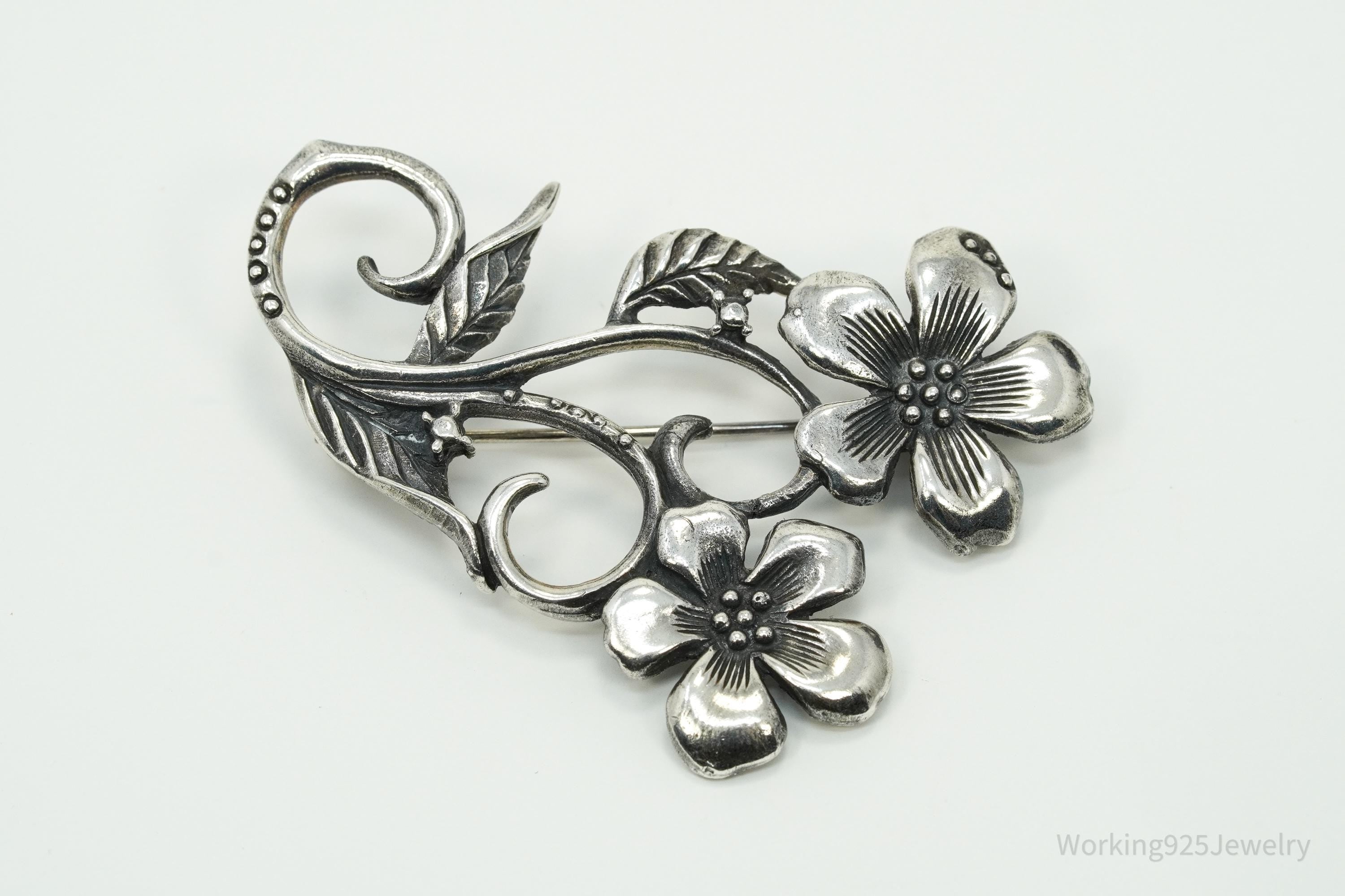 Vintage Floral Sterling Silver Brooch Pin