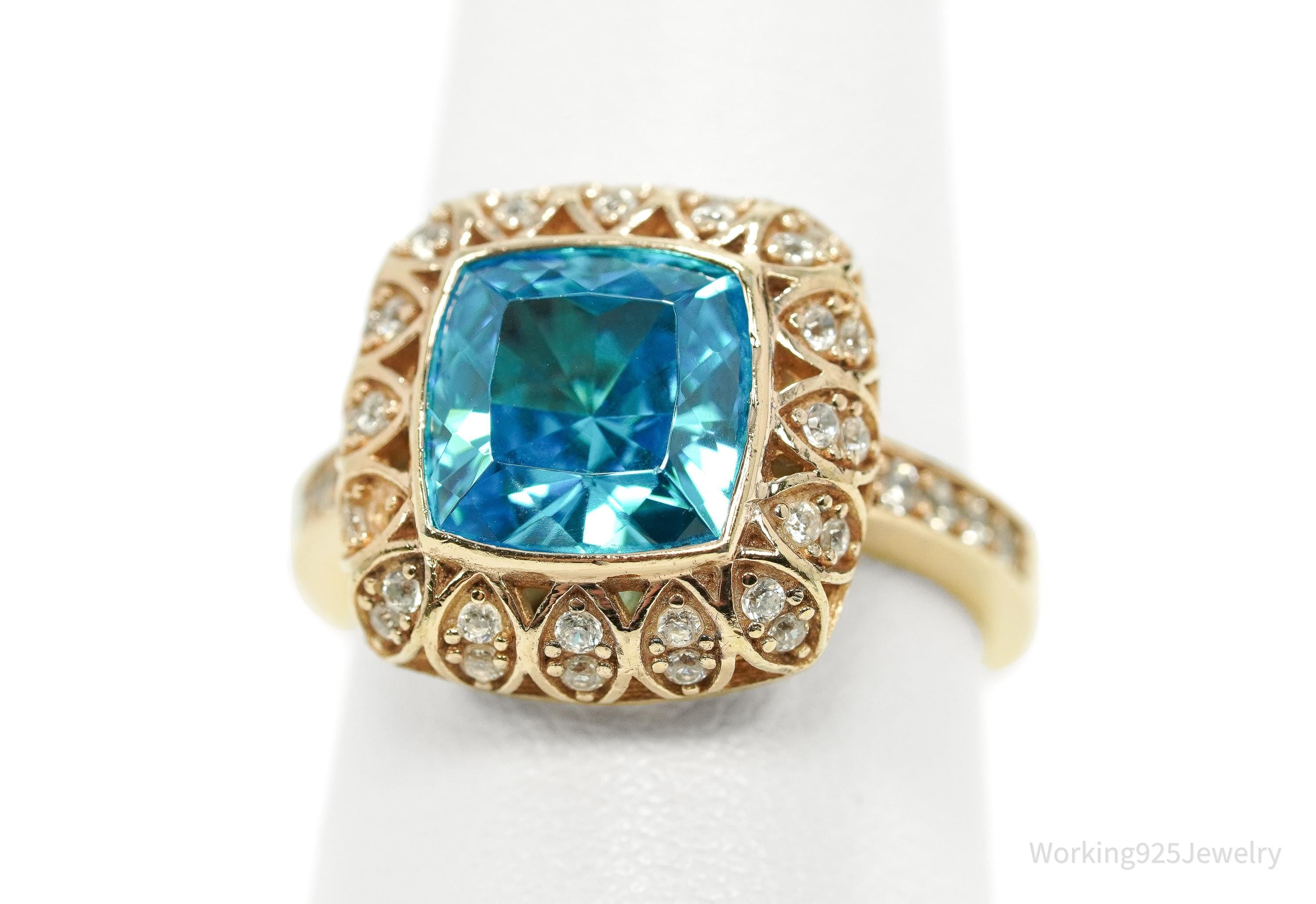 Vintage Blue Tourmaline & Cubic Zirconia Gold Vermeil Sterling Silver Ring - Size 7.25