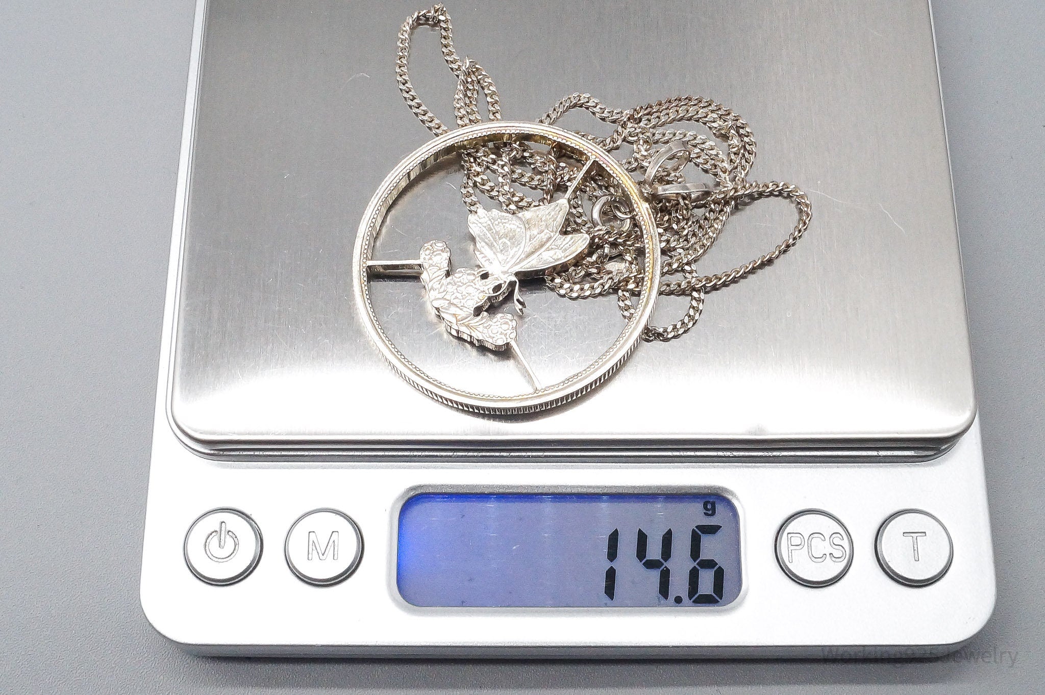 Antique Butterfly Cut Silver Coin Turned Pendant Sterling Silver Necklace 24"