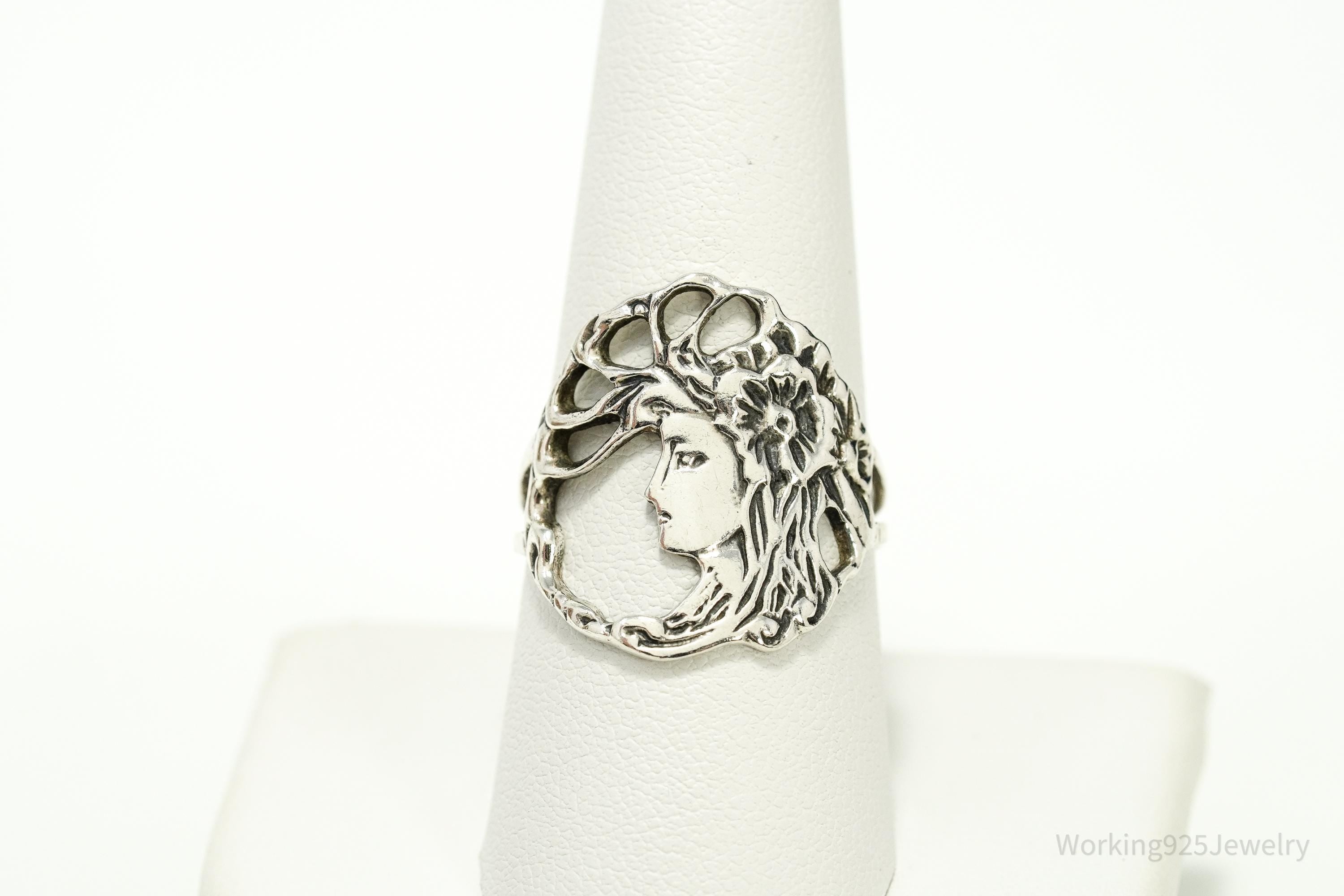 Vintage Art Nouveau Style Woman Sterling Silver Ring - Size 8.75